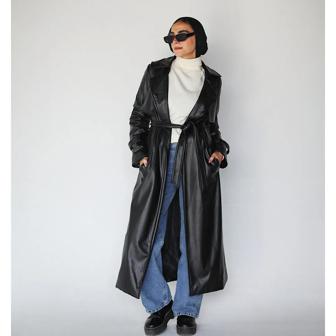 Black leather trench coat