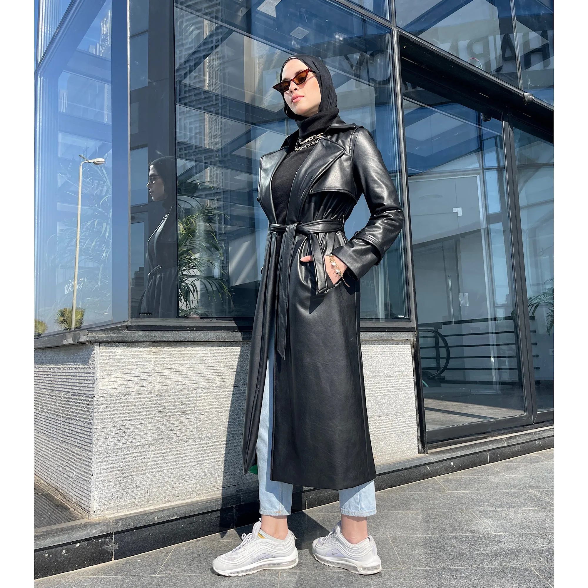 Black leather trench coat