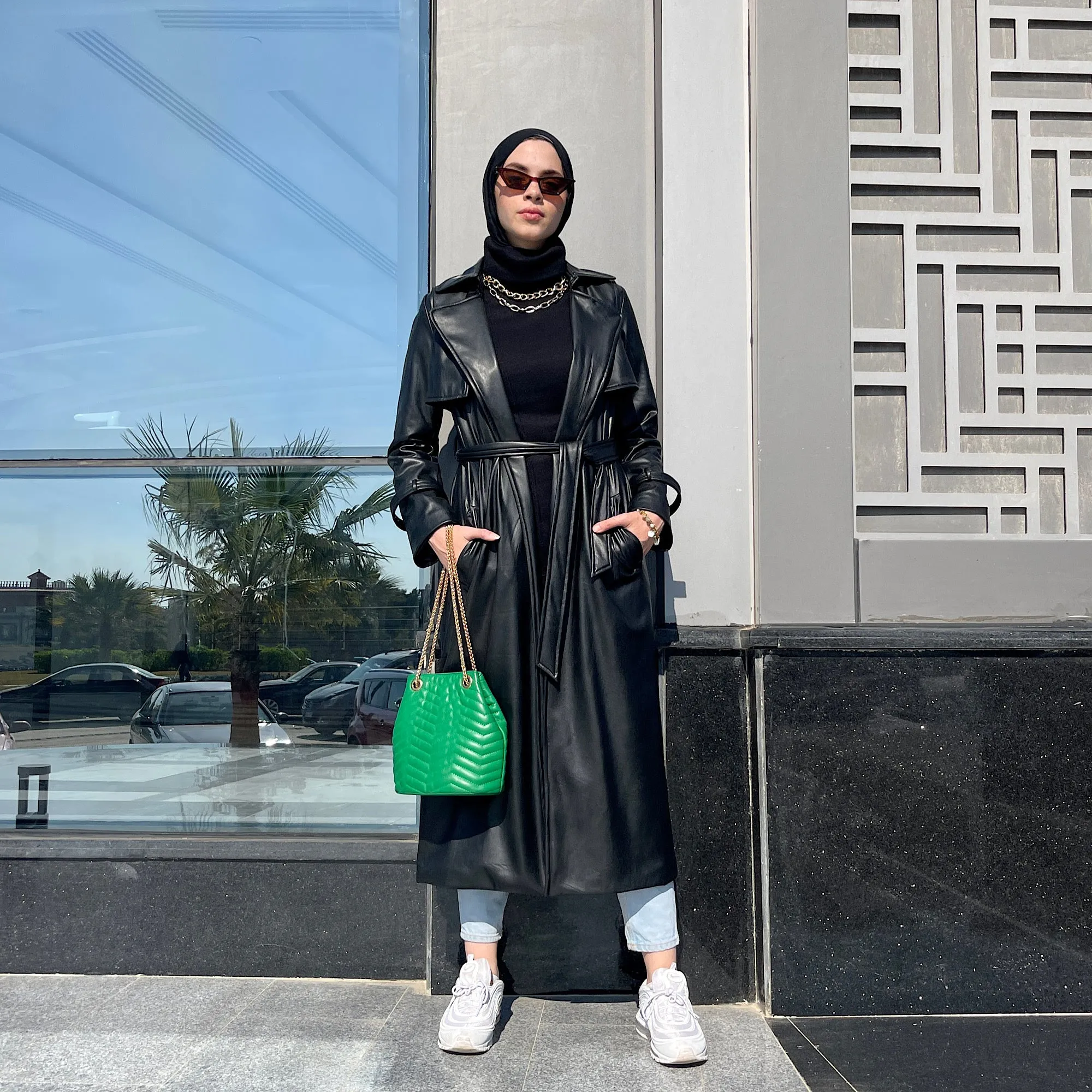 Black leather trench coat