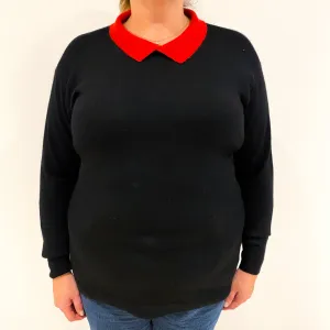 Black Red Collared Cashmere Crew Neck Jumper Extra Large