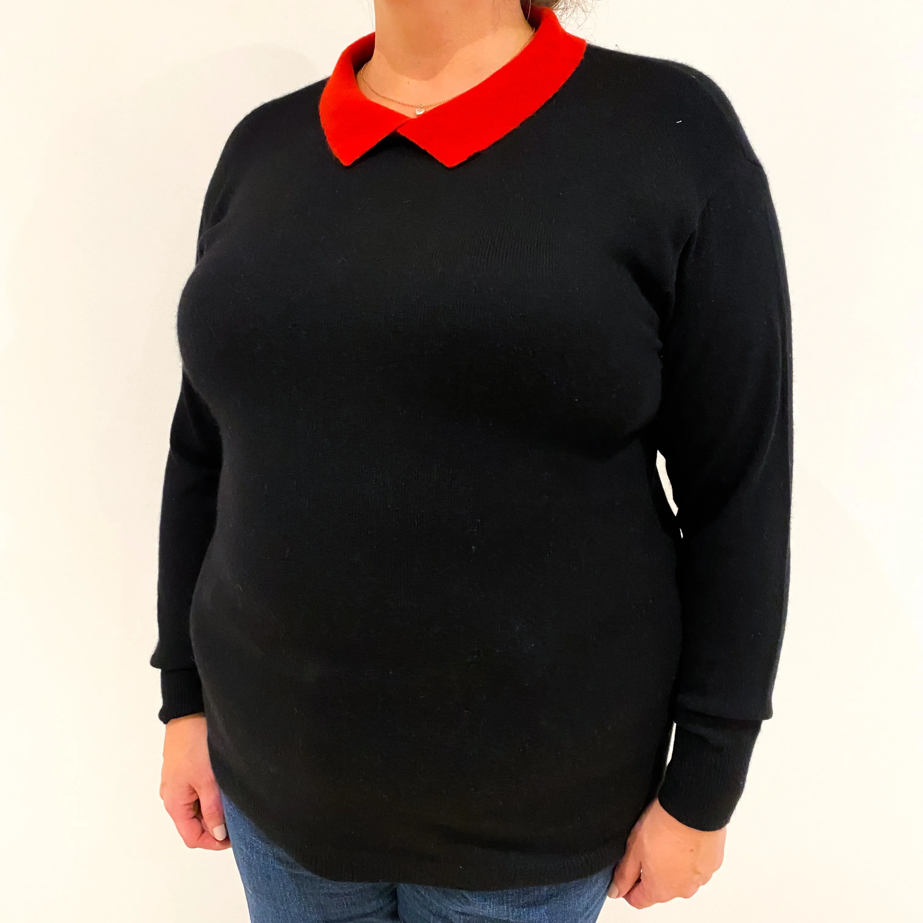Black Red Collared Cashmere Crew Neck Jumper Extra Large