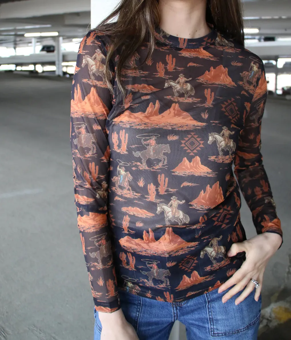 Black Rusty Desert Cowboy Mesh Top