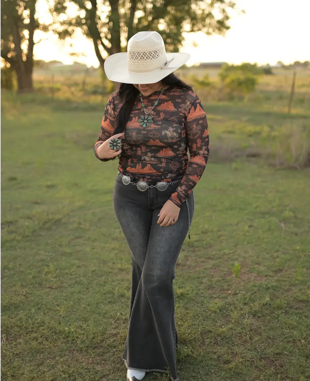 Black Rusty Desert Cowboy Mesh Top