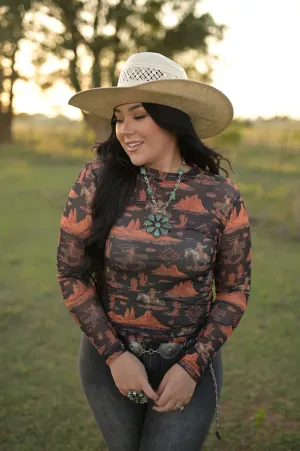 Black Rusty Desert Cowboy Mesh Top