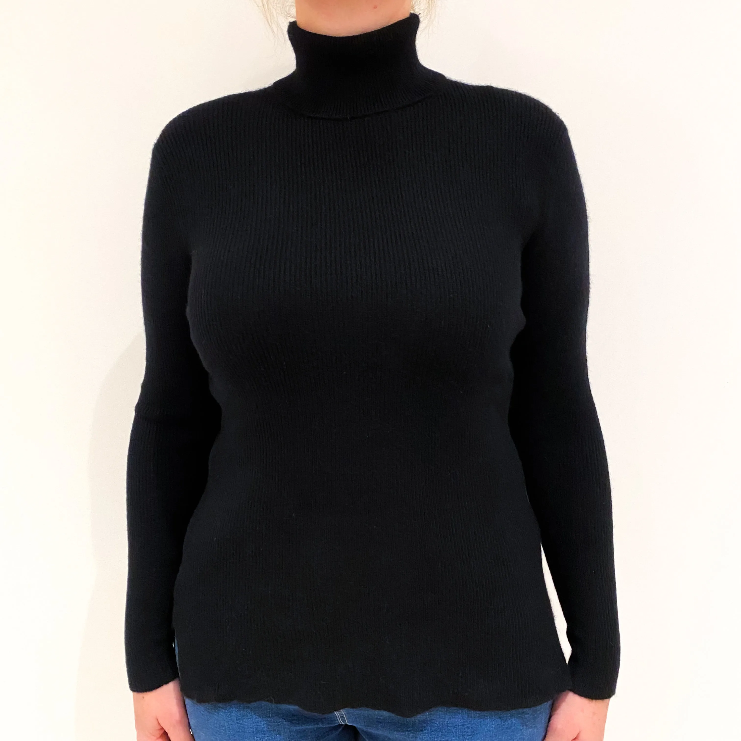 Black Skinny Ribbed Cashmere Polo Neck Jumper Large
