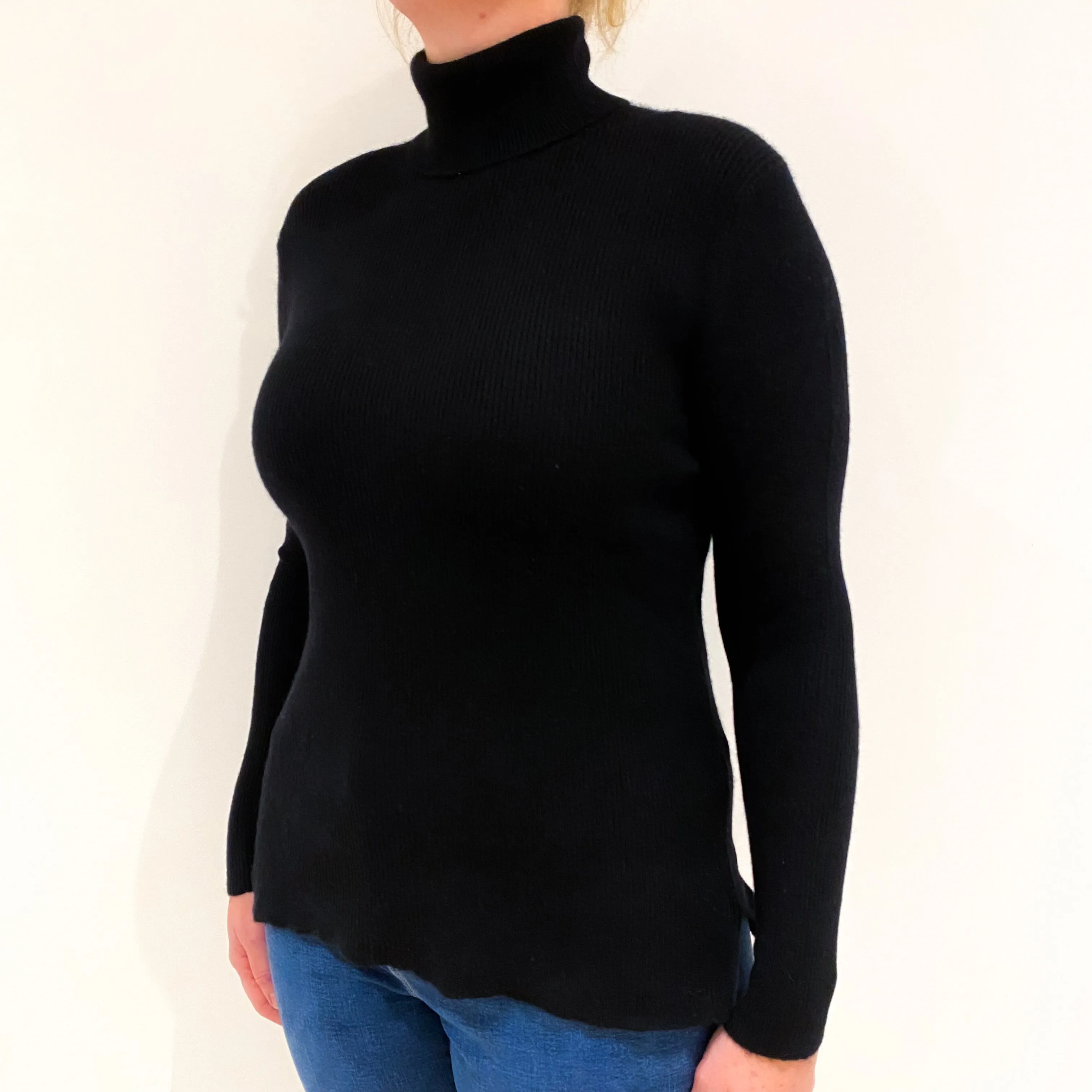 Black Skinny Ribbed Cashmere Polo Neck Jumper Large