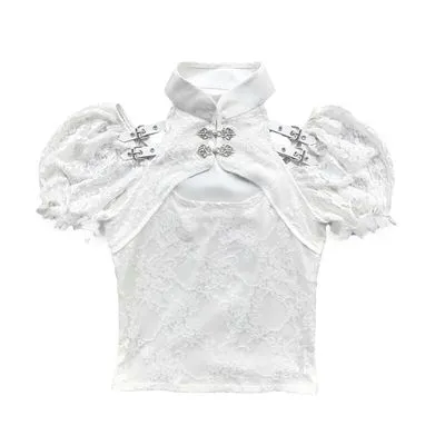 Blood Supply~White Lace Fake Bolero Puff Sleeve Top