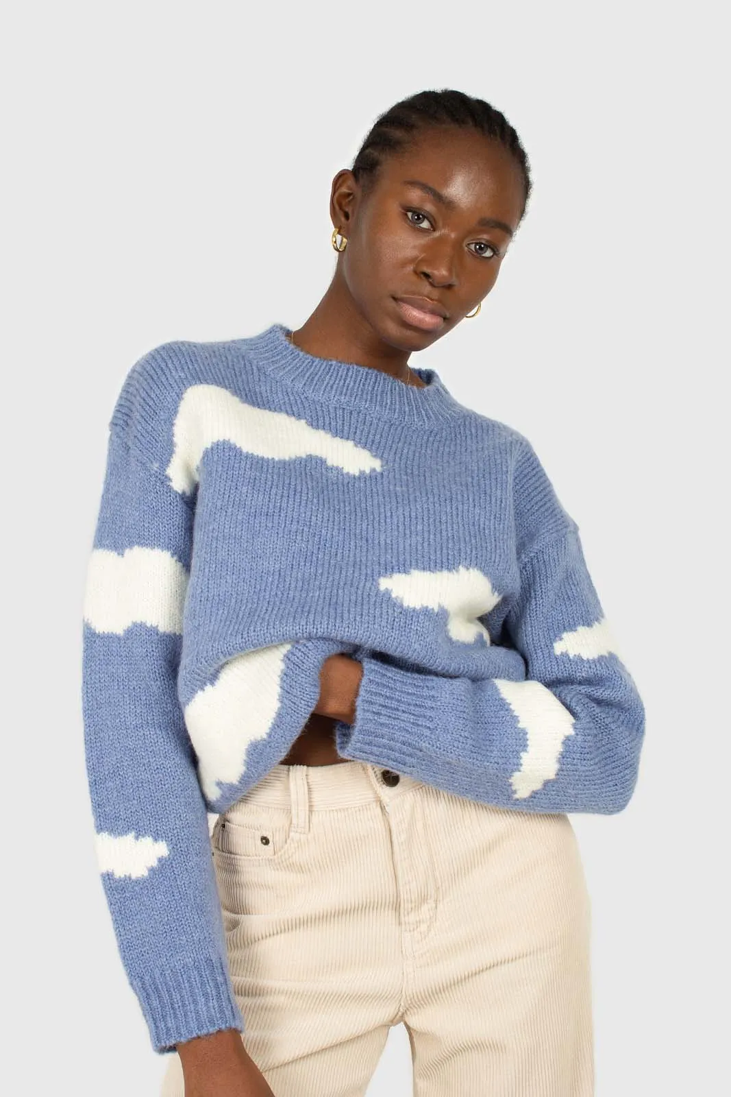 Blue and white intarsia cloud wool blend jumper