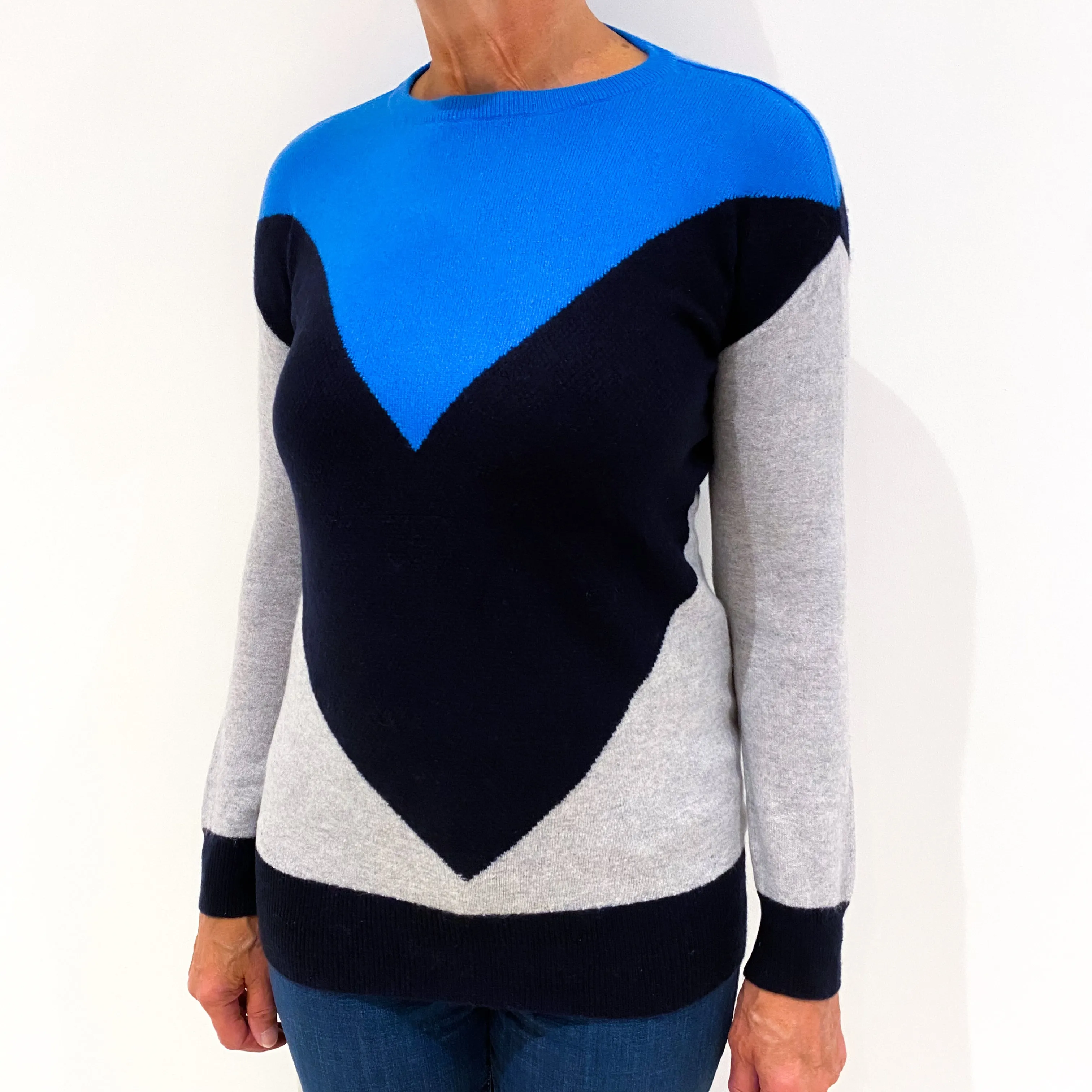 Blue, Black and Grey Colour Block Cashmere Crew Neck Jumper Medium