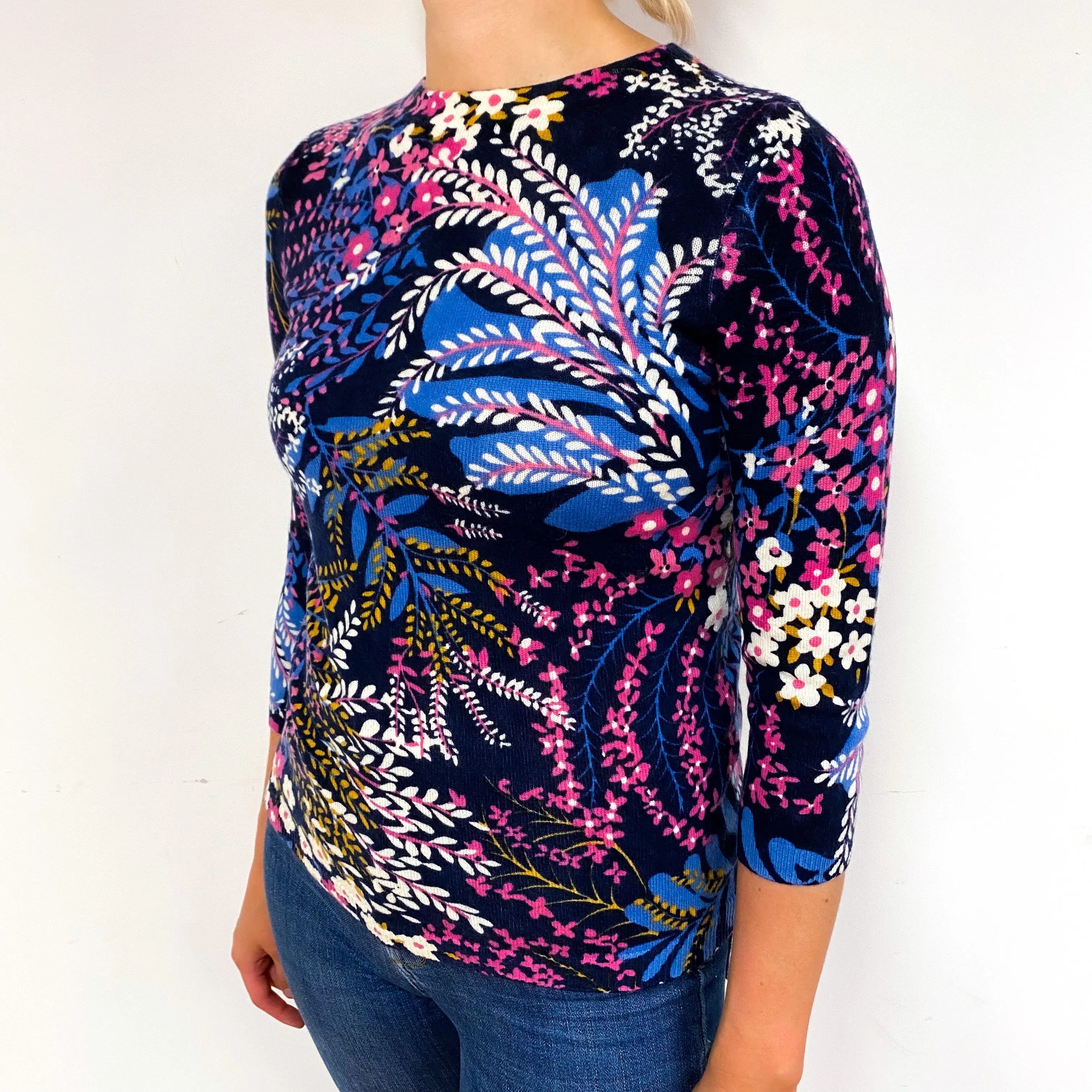 Blue Pink Floral Cashmere Crew Neck Jumper Small/Petite