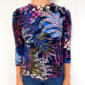 Blue Pink Floral Cashmere Crew Neck Jumper Small/Petite