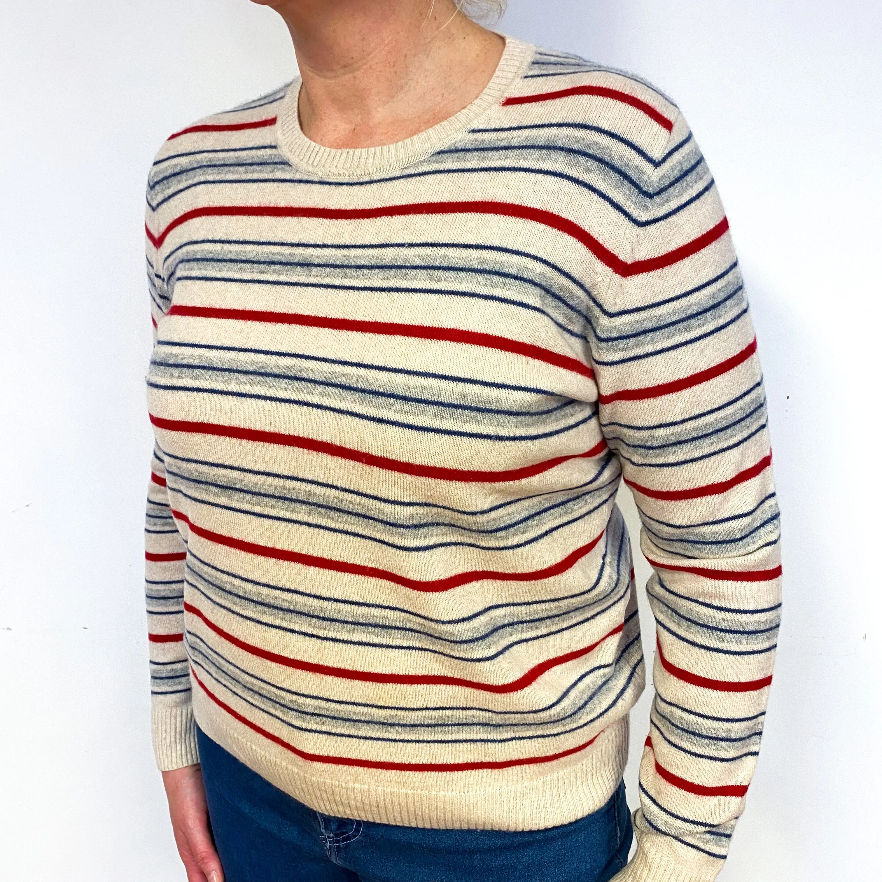 Blue Red Stripe Cashmere Crew Neck Jumper Large