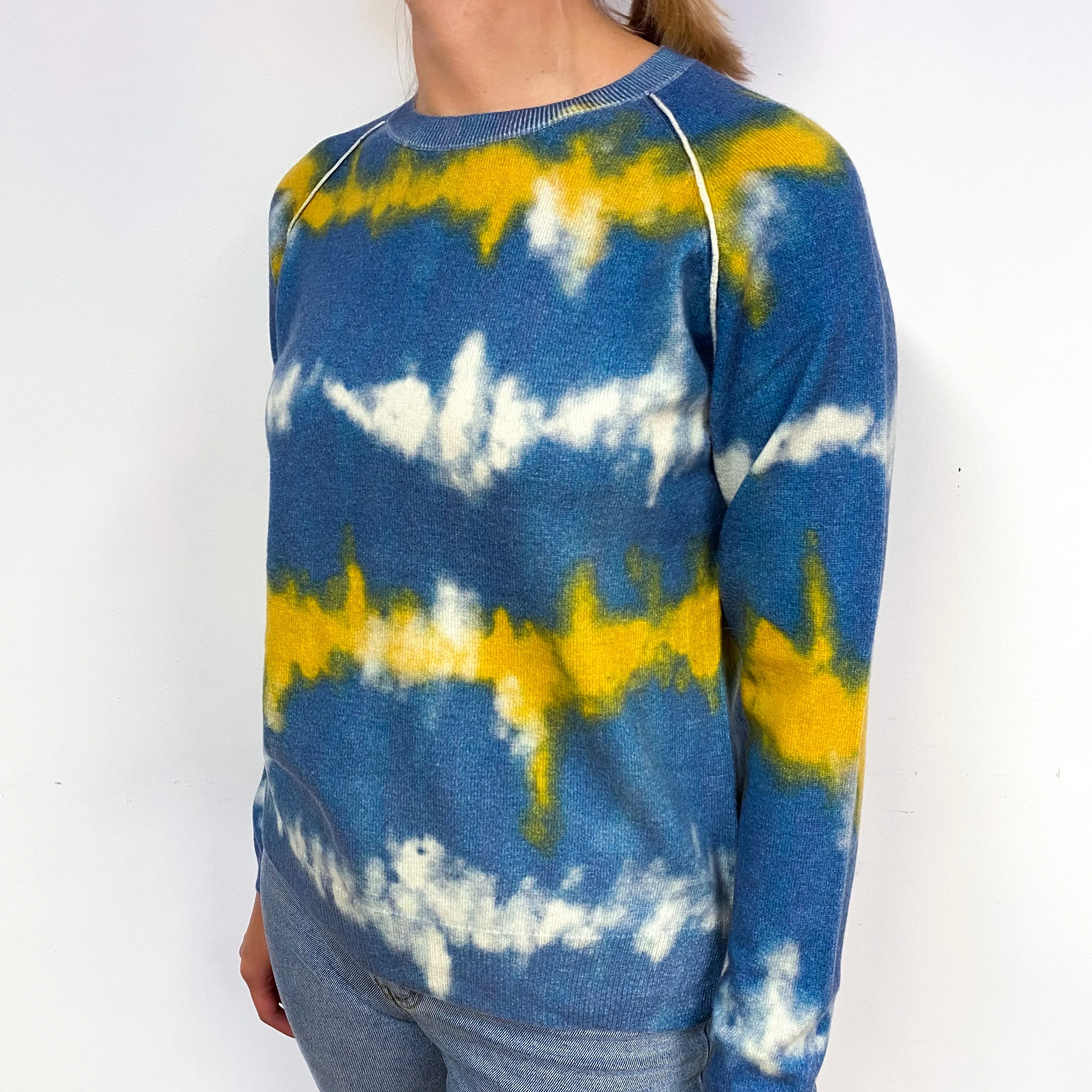 Blue Yellow Tie Dye Cashmere Crew Neck Jumper Small
