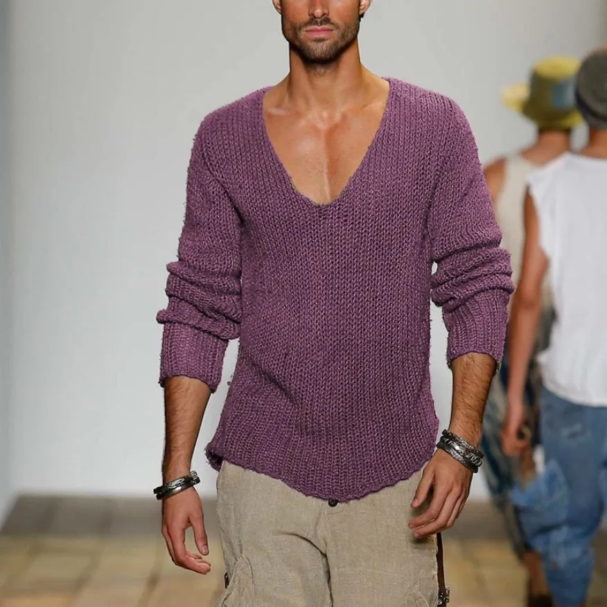 Bonsir Mens Casual V-Neck Solid Sweater Autumn Winter Fashion Knitted Pullover Tops For Men  Harajuku Long Sleeve Jumper Streetwear