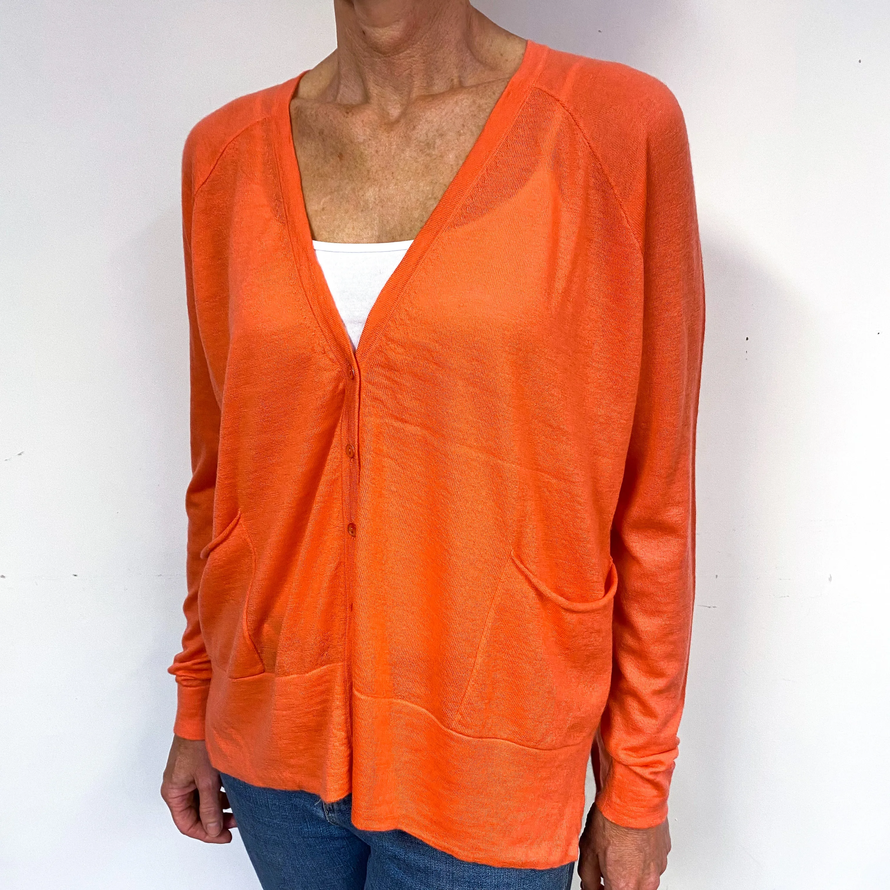 Bright Orange Super Fine Knit Cashmere Slouchy Cardigan Medium