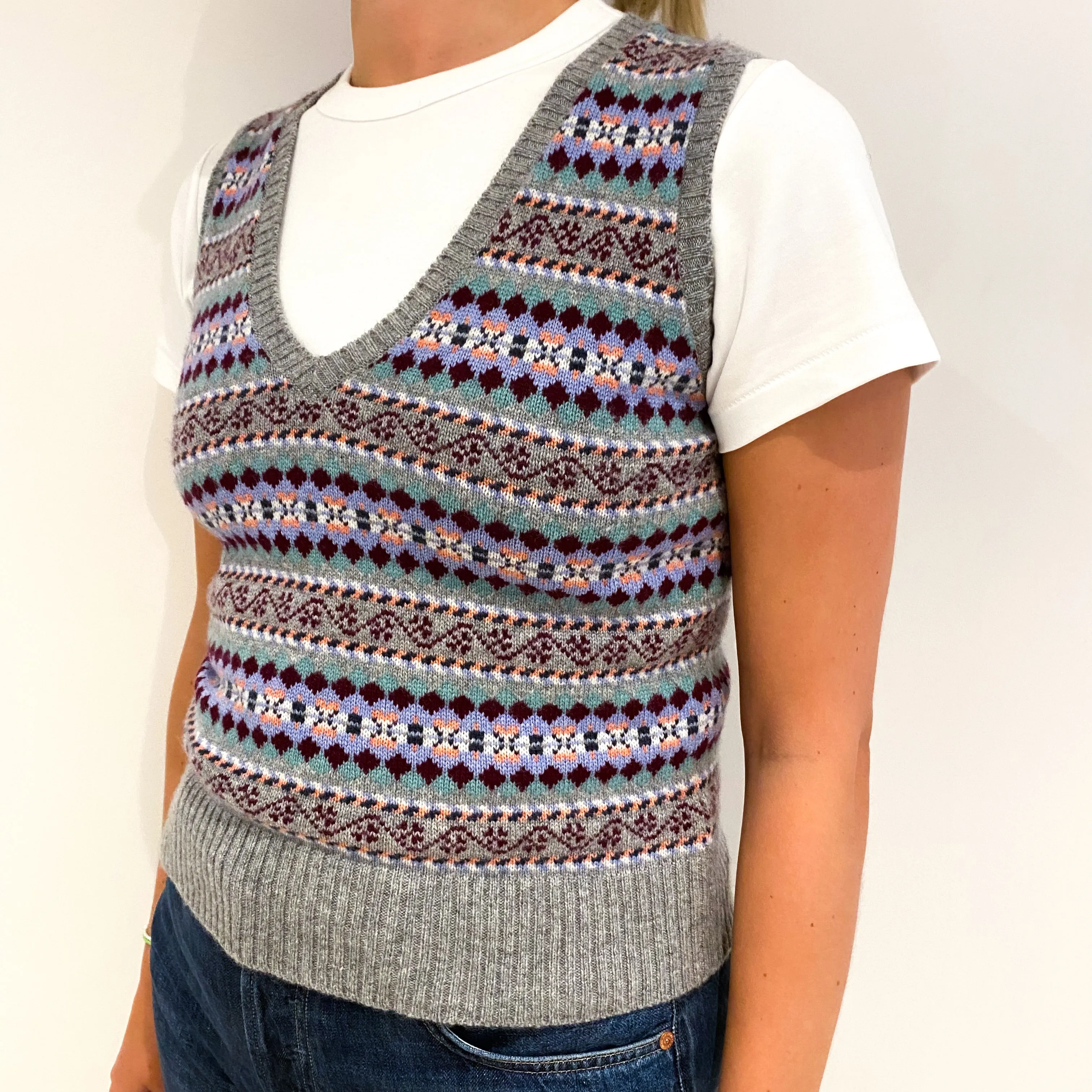 Brora Grey, Blue and Pink Fair Isle Cashmere Tank Top Small