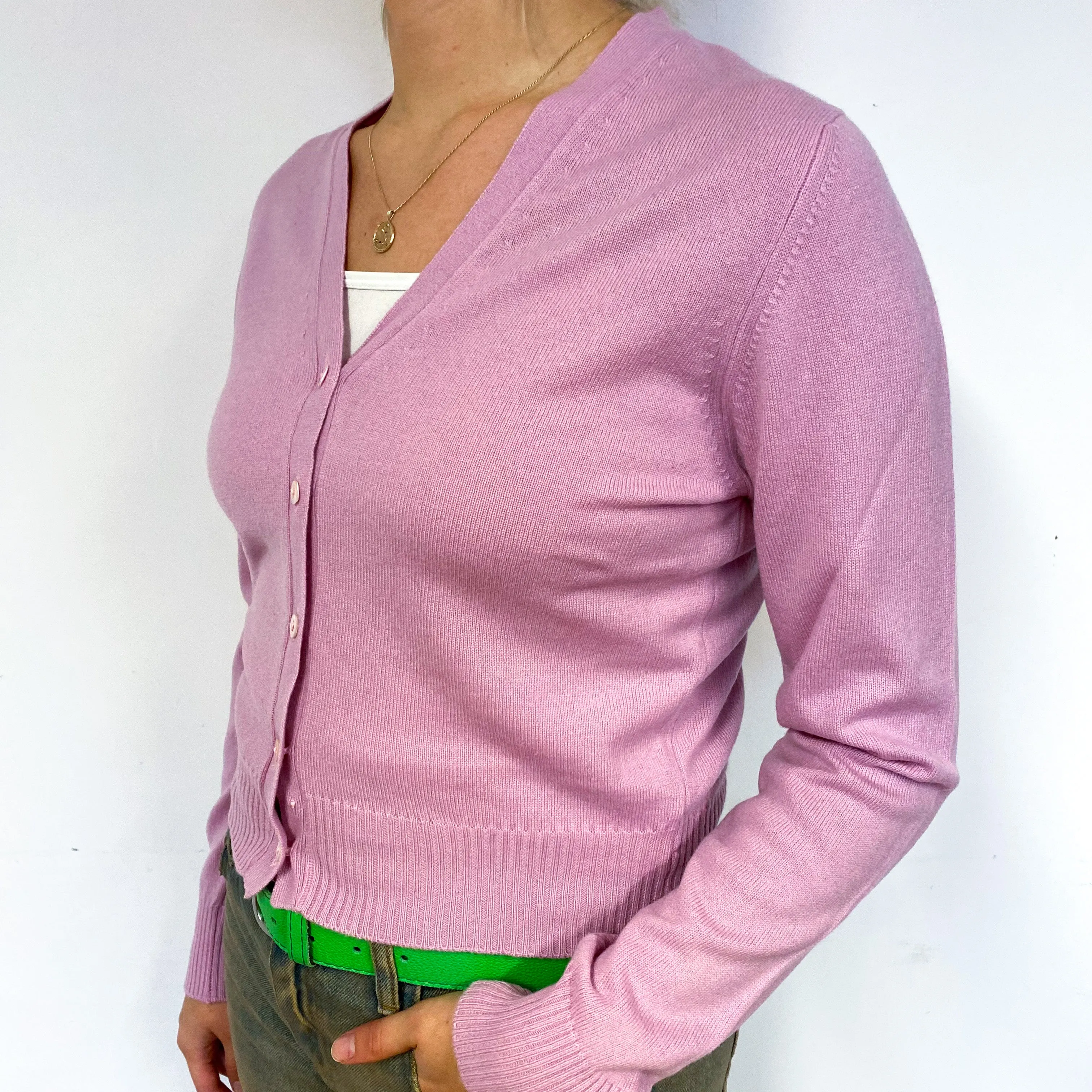 Brora Mauve Pink Cashmere V-Neck Cardigan Small