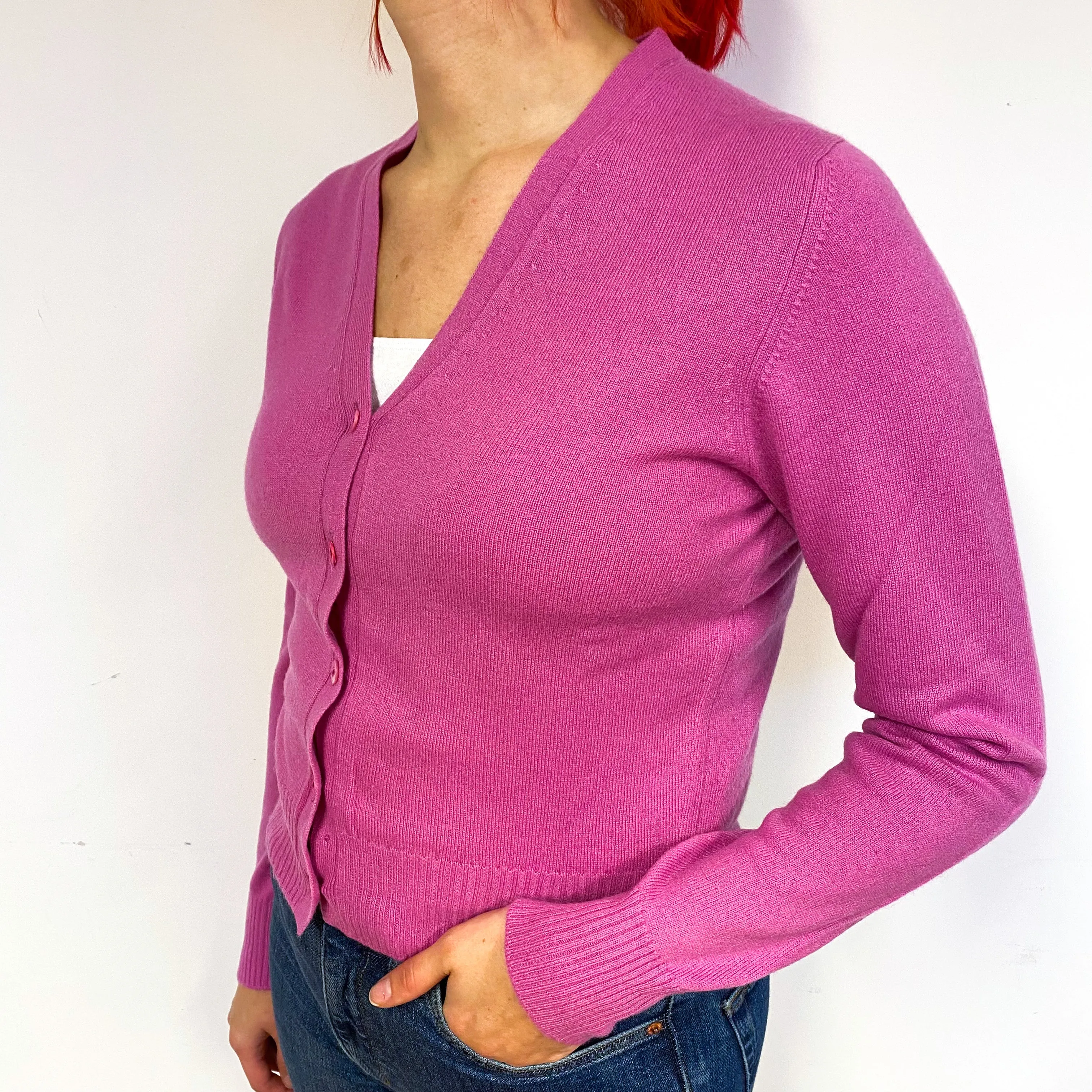 Brora Tulip Pink Cashmere V-Neck Cardigan Small
