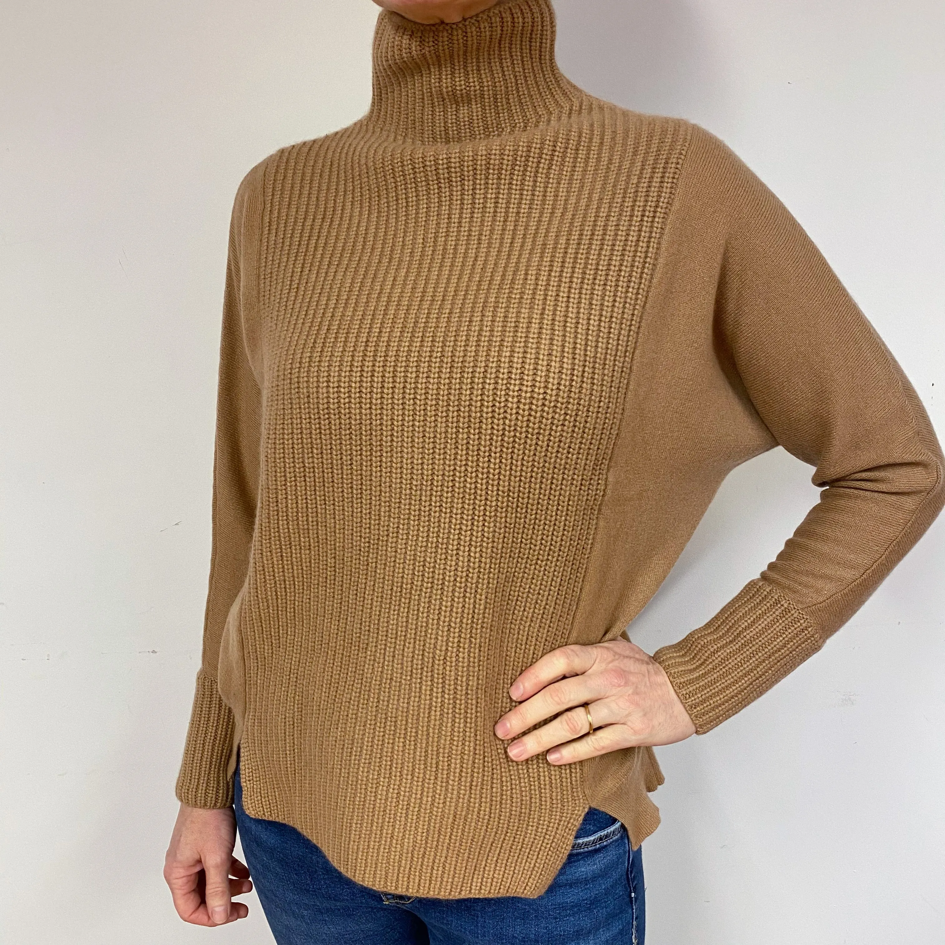 Brown Chunky Batwing Cashmere Turtle Neck Jumper Medium