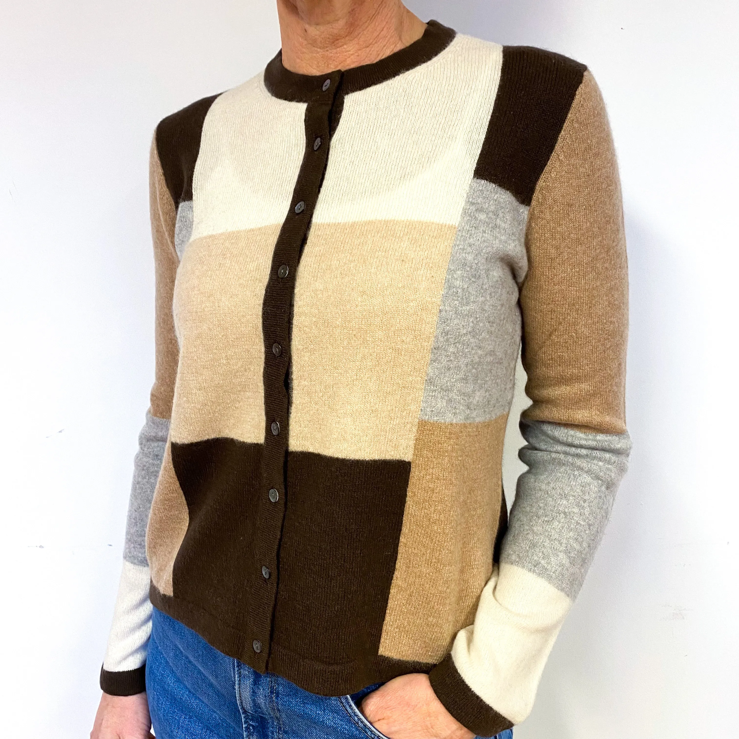 Brown Colour Block Cashmere Crew Neck Cardigan Medium