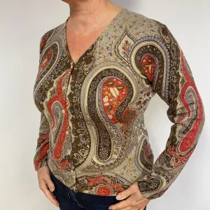 Brown Paisley Pattern Cashmere Cardigan Large