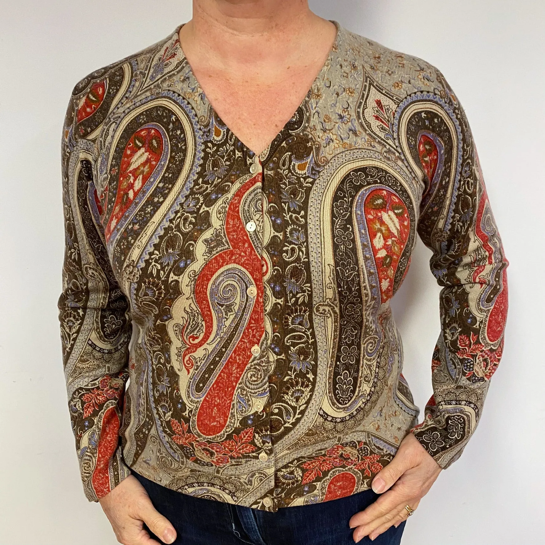 Brown Paisley Pattern Cashmere Cardigan Large
