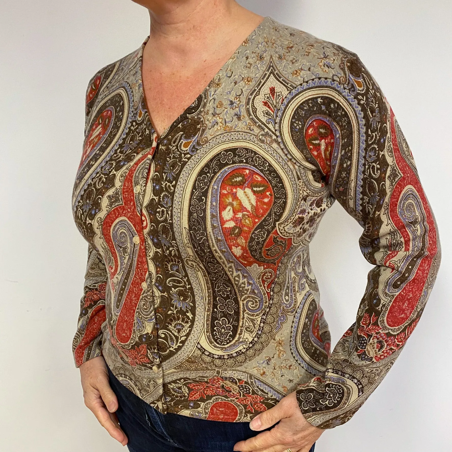 Brown Paisley Pattern Cashmere Cardigan Large