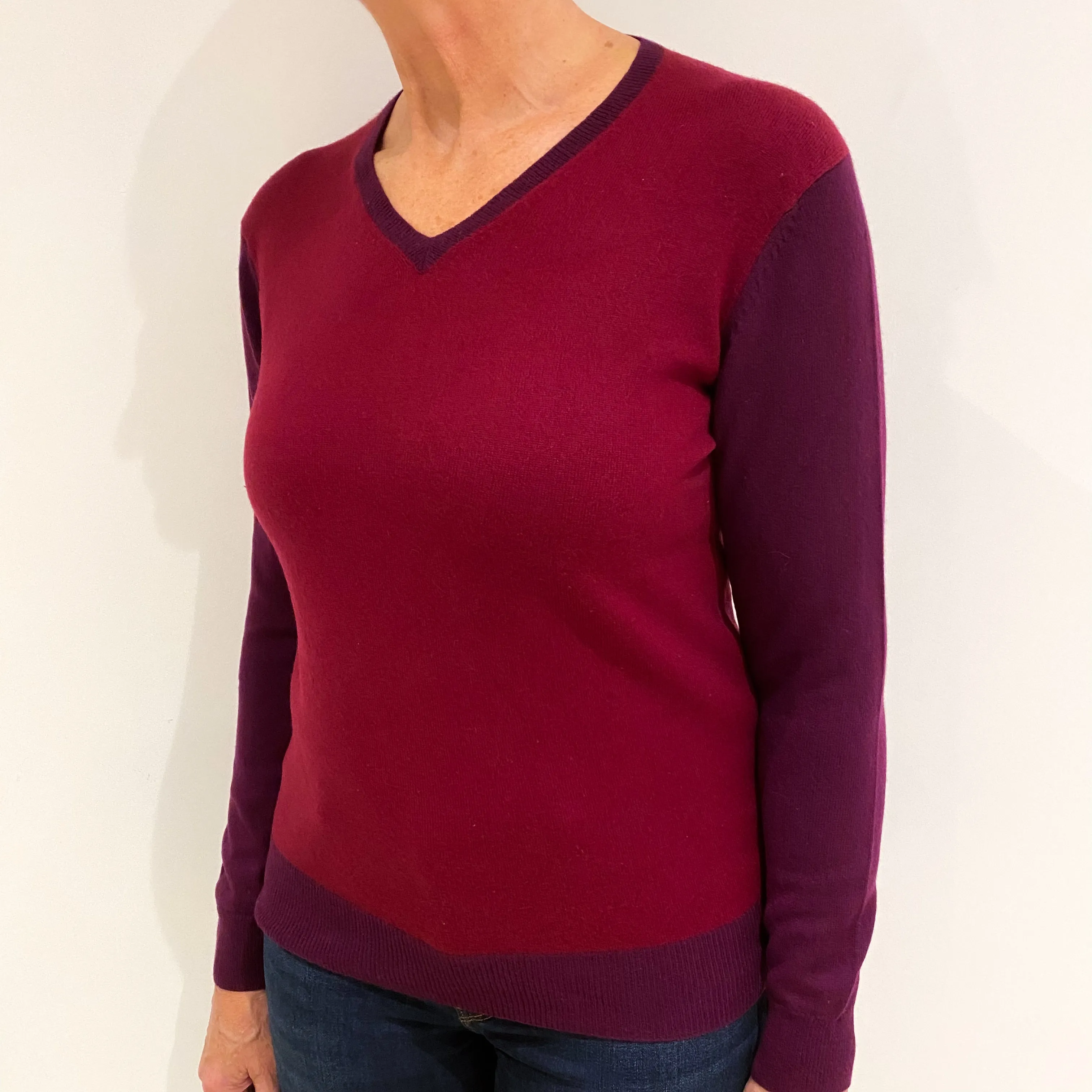 Burgundy and Plum Purple Cashmere V Neck Jumper Medium