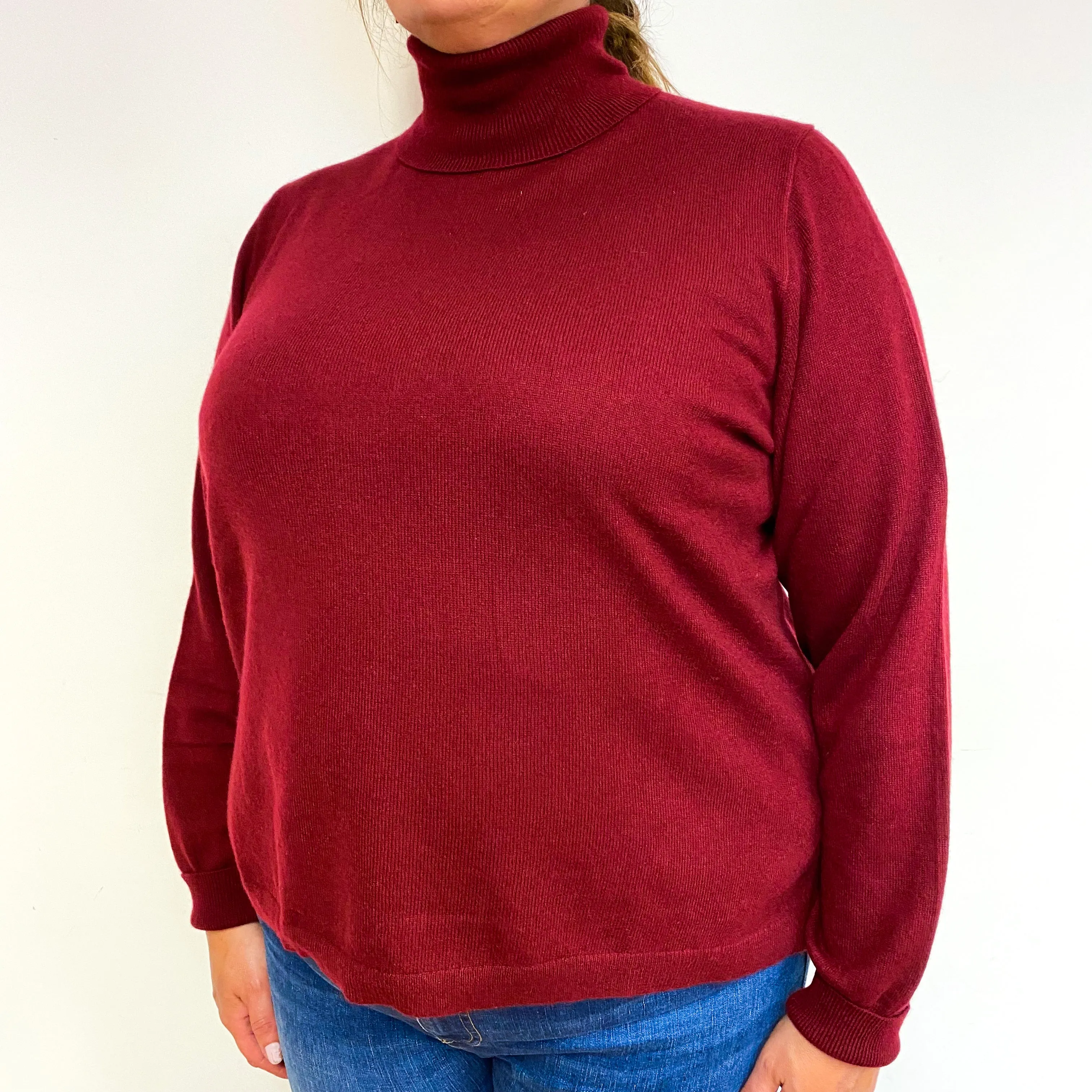 Burgundy Red Cashmere Polo Neck Jumper Extra Large