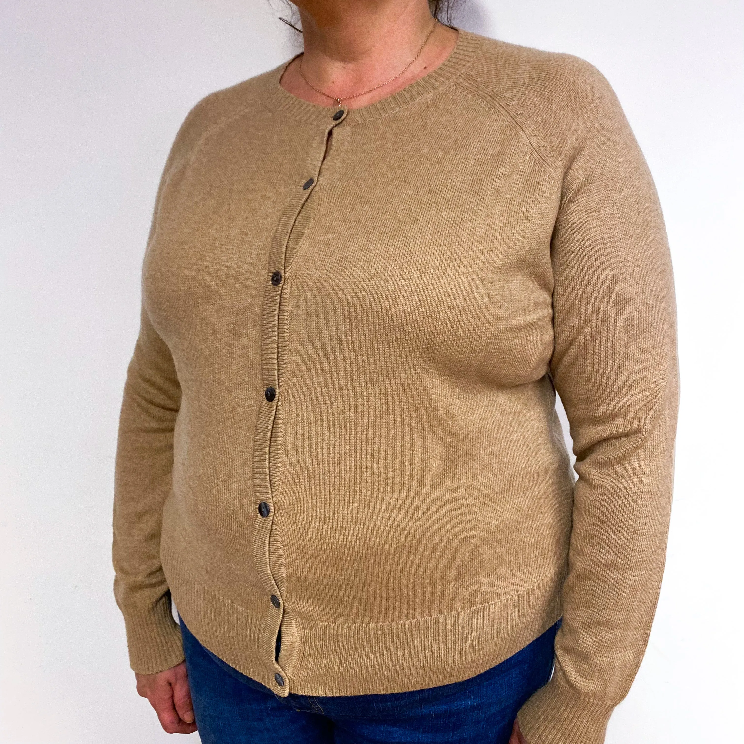 Camel Brown Cashmere Crew Neck Cardigan Extra Large