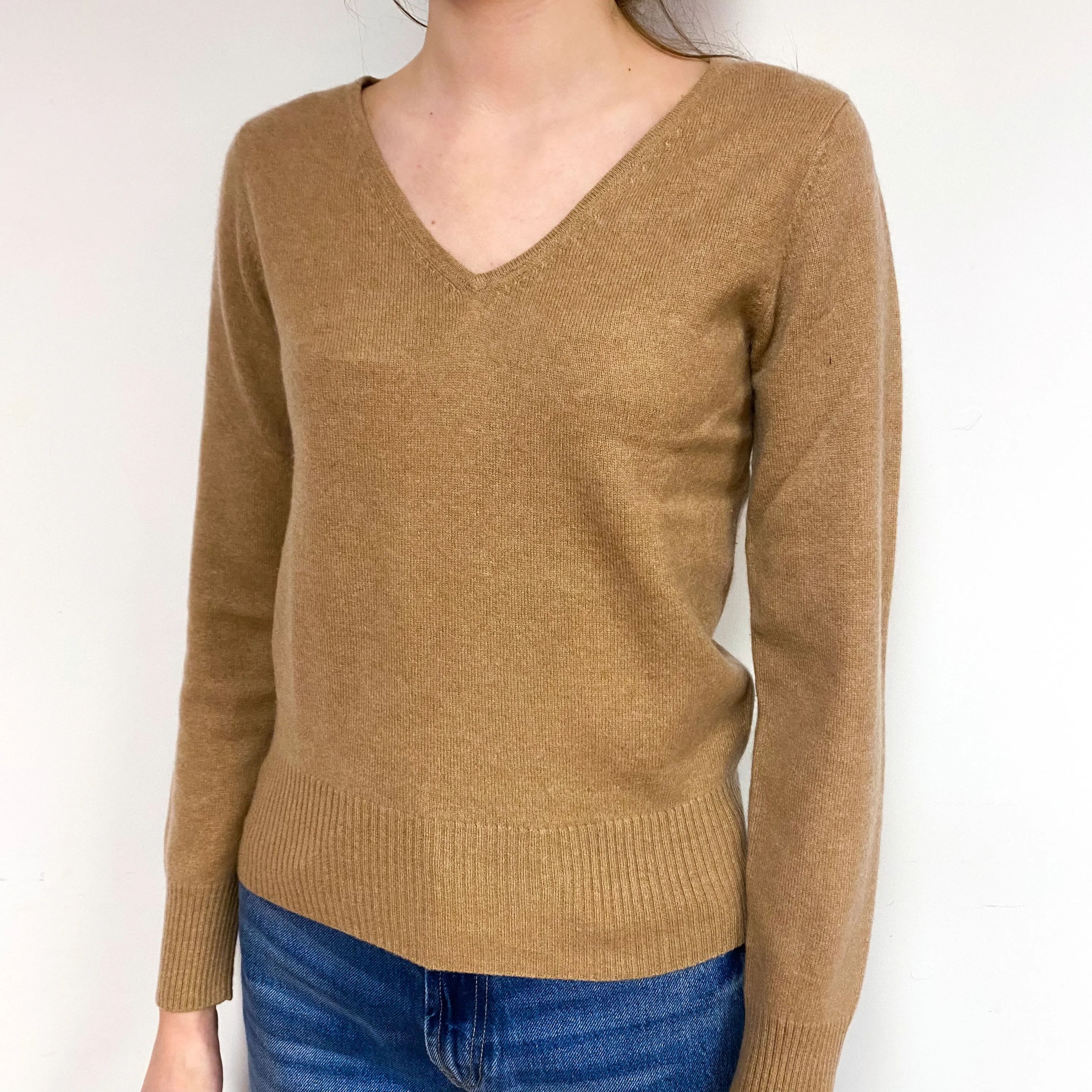Camel Brown Cashmere V-Neck Jumper Extra Small