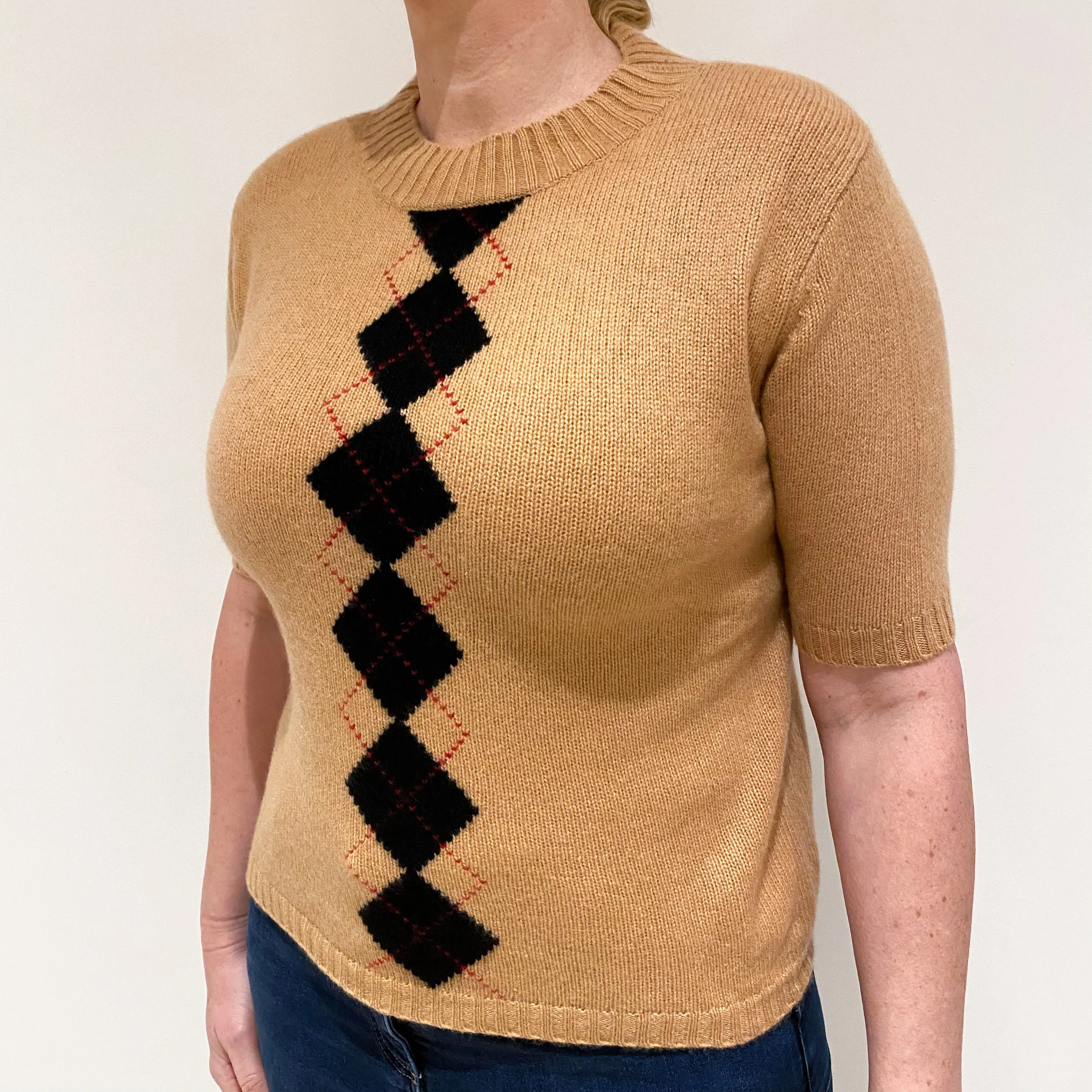 Camel Brown Diamond Cashmere Short Sleeved Crew Neck Jumper Large
