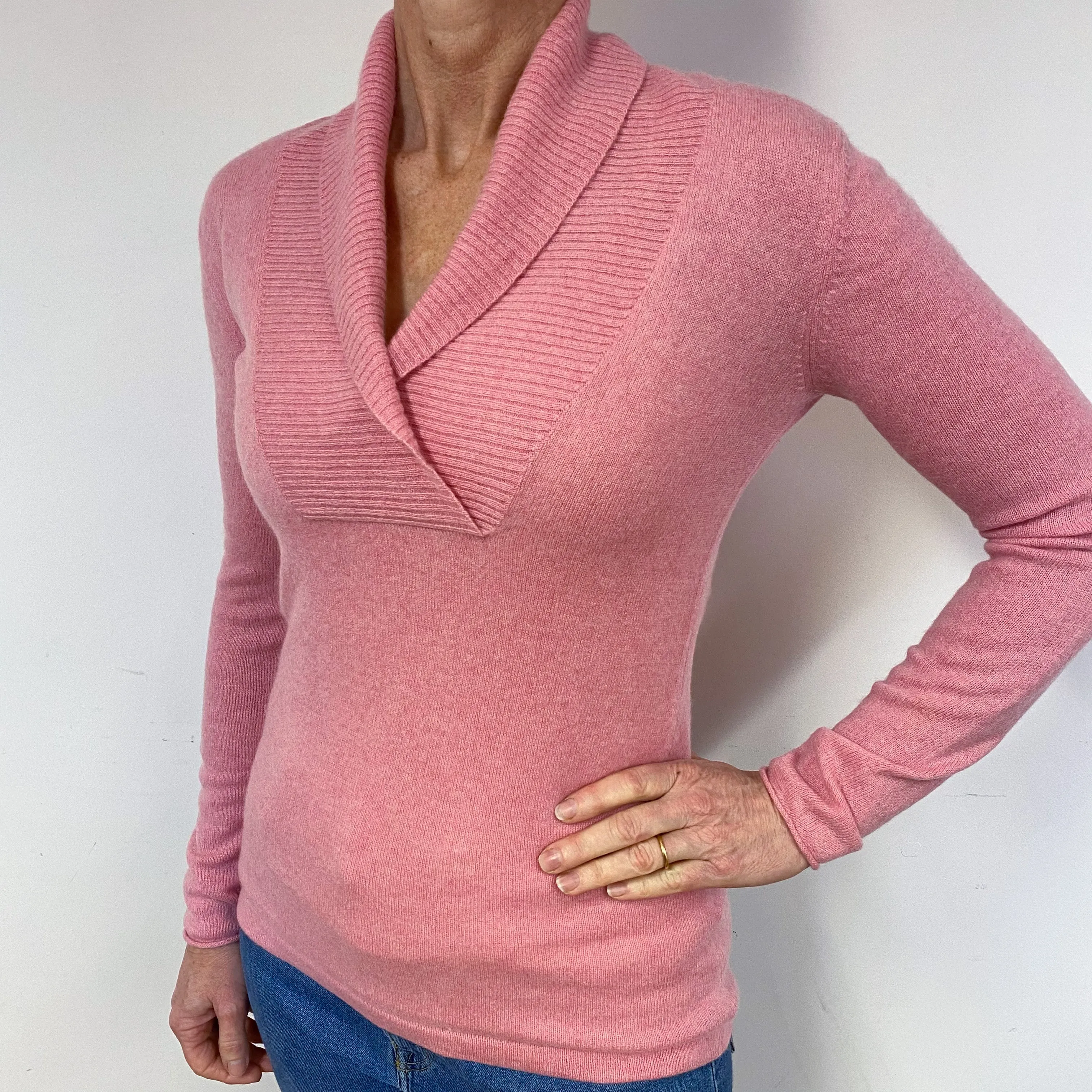 Candy Pink Shawl Collar Cashmere V-Neck Jumper Medium