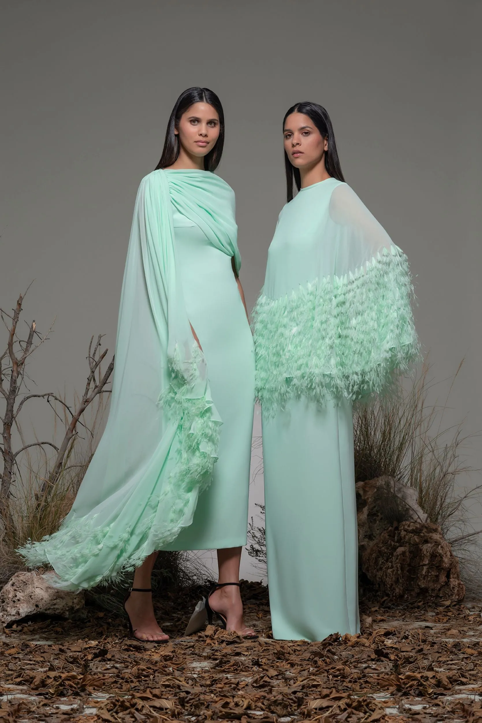 Cape Column Dress with Feathers