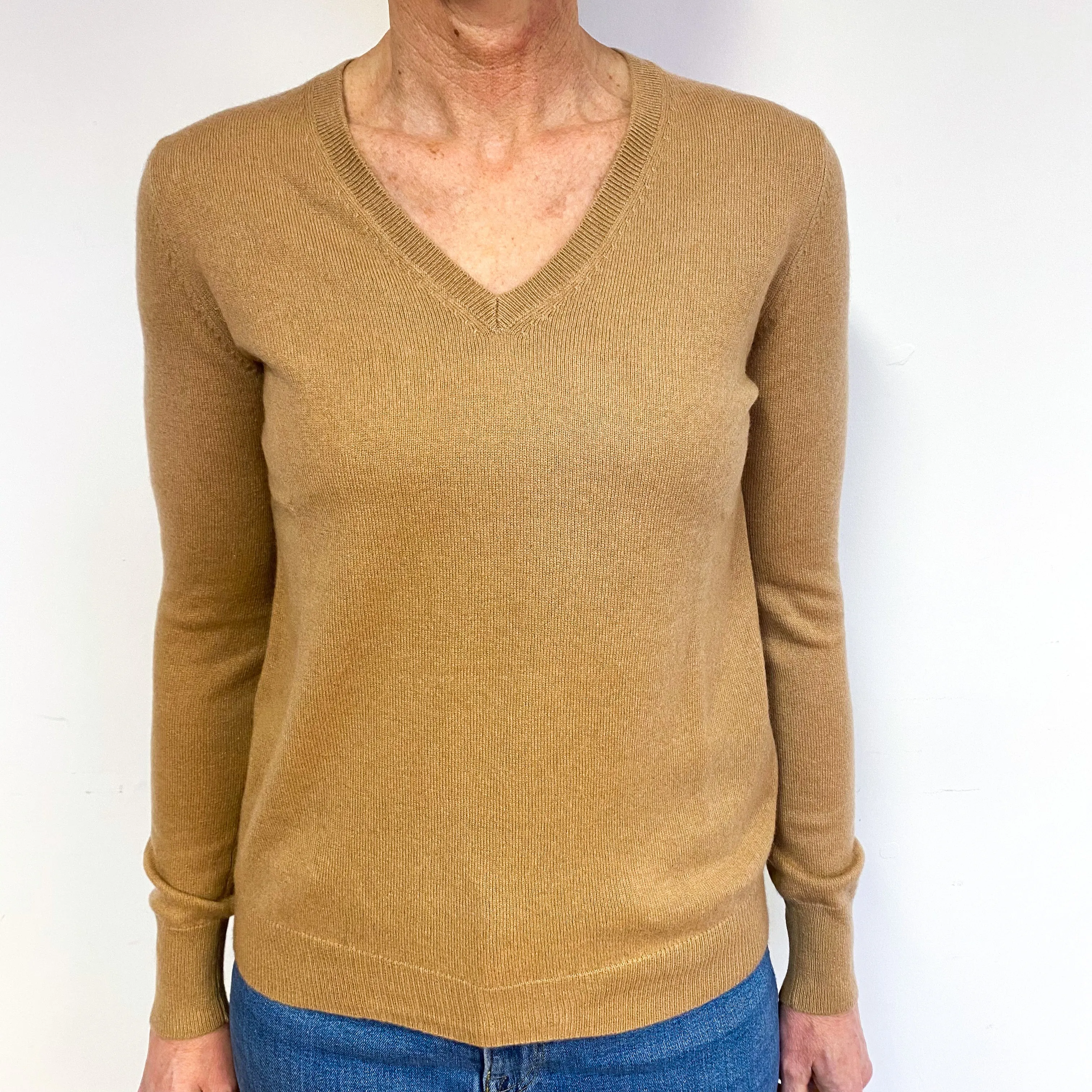 Caramel Brown Cashmere V-Neck Jumper Medium
