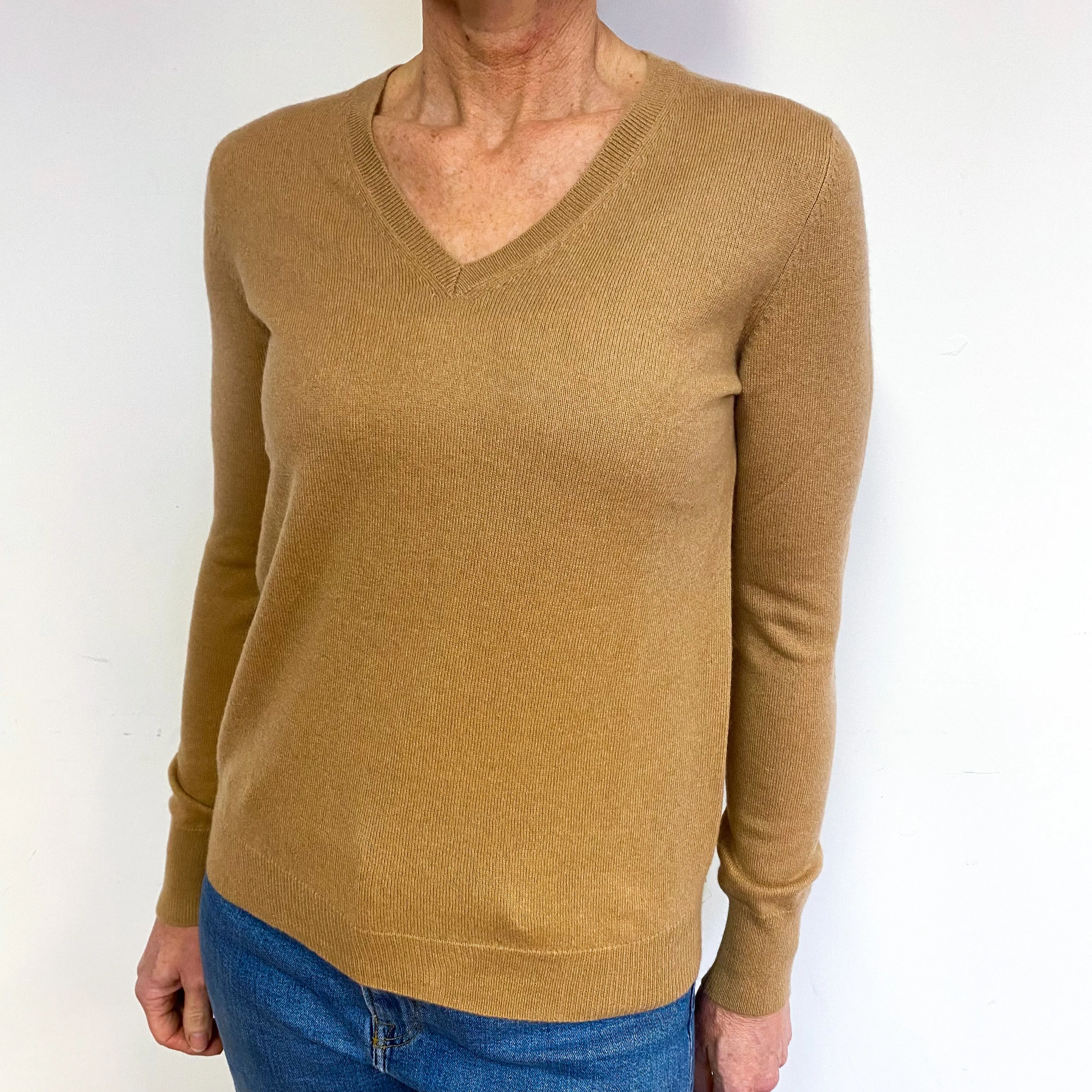 Caramel Brown Cashmere V-Neck Jumper Medium