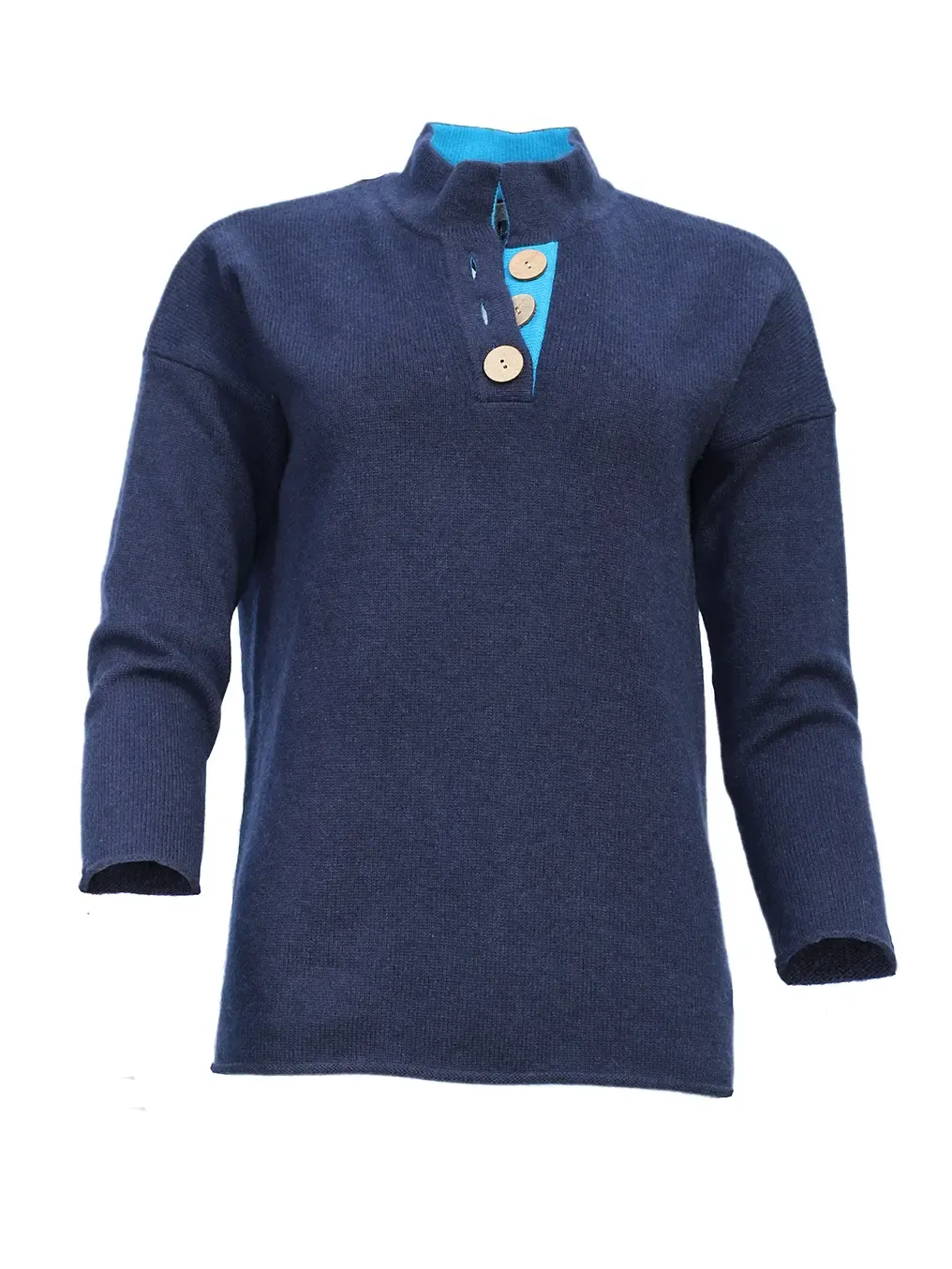 Cashmere and Merino High Collar Jumper | Navy with Turquoise