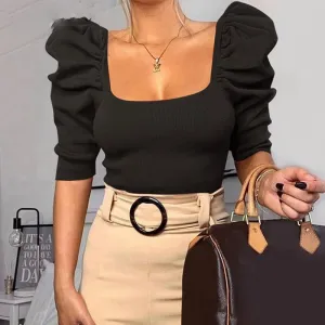Casual Square neck Slim Fit Puff Sleeve Women Blouse