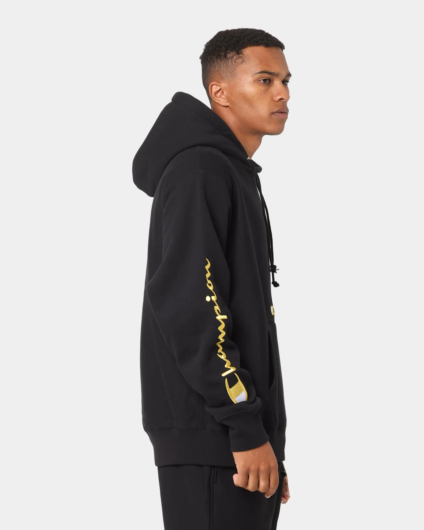 Champion Men's Rev Weave Script Hoodie Black/Gold