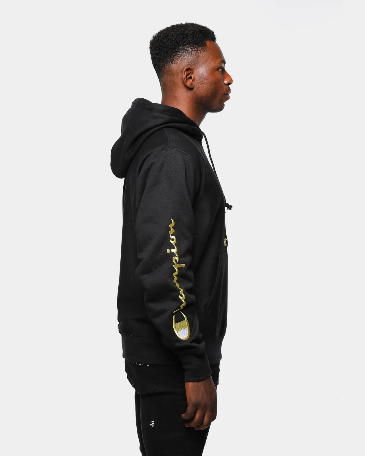 Champion Men's Rev Weave Script Hoodie Black/Gold