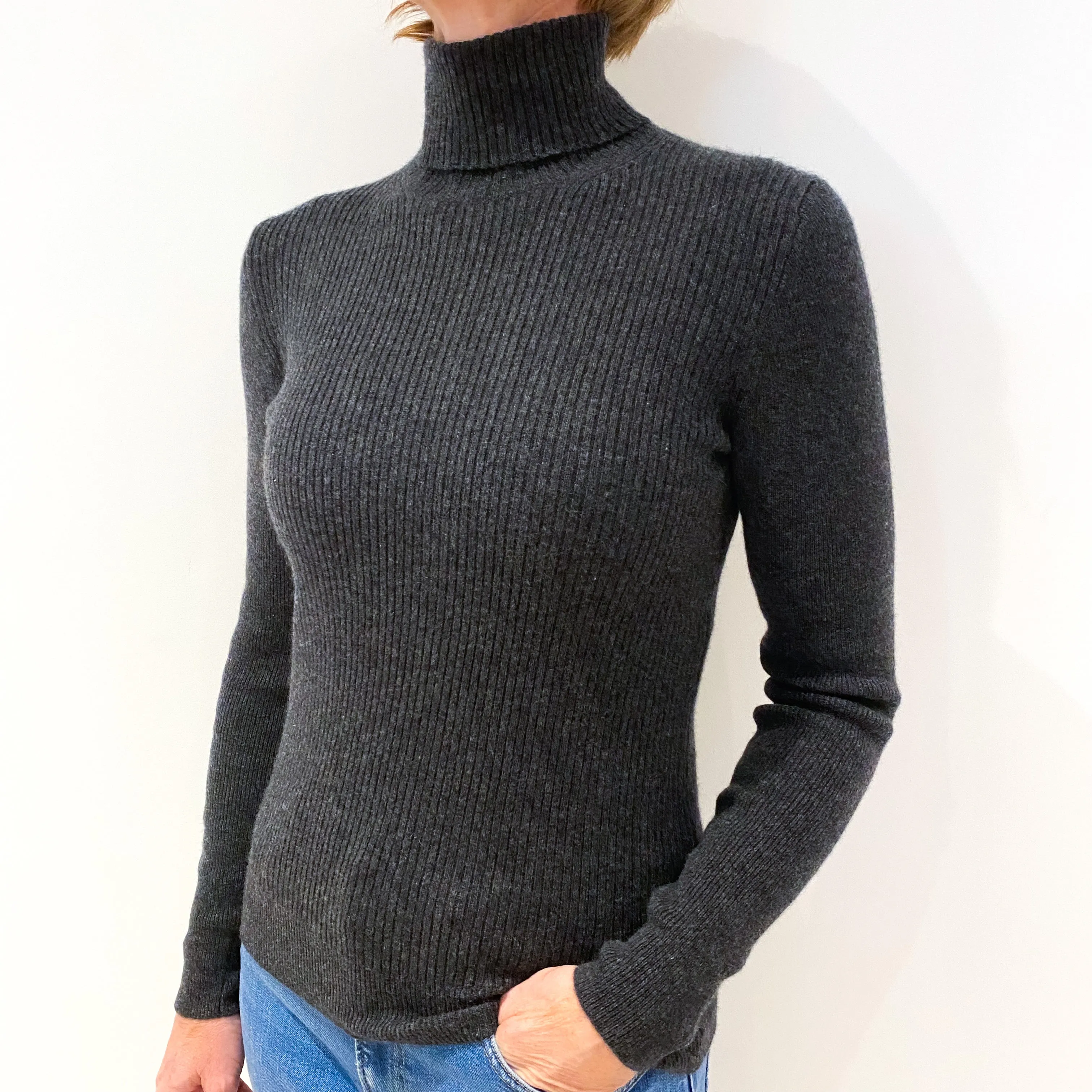 Charcoal Grey Rib Cashmere Polo Neck Jumper Small