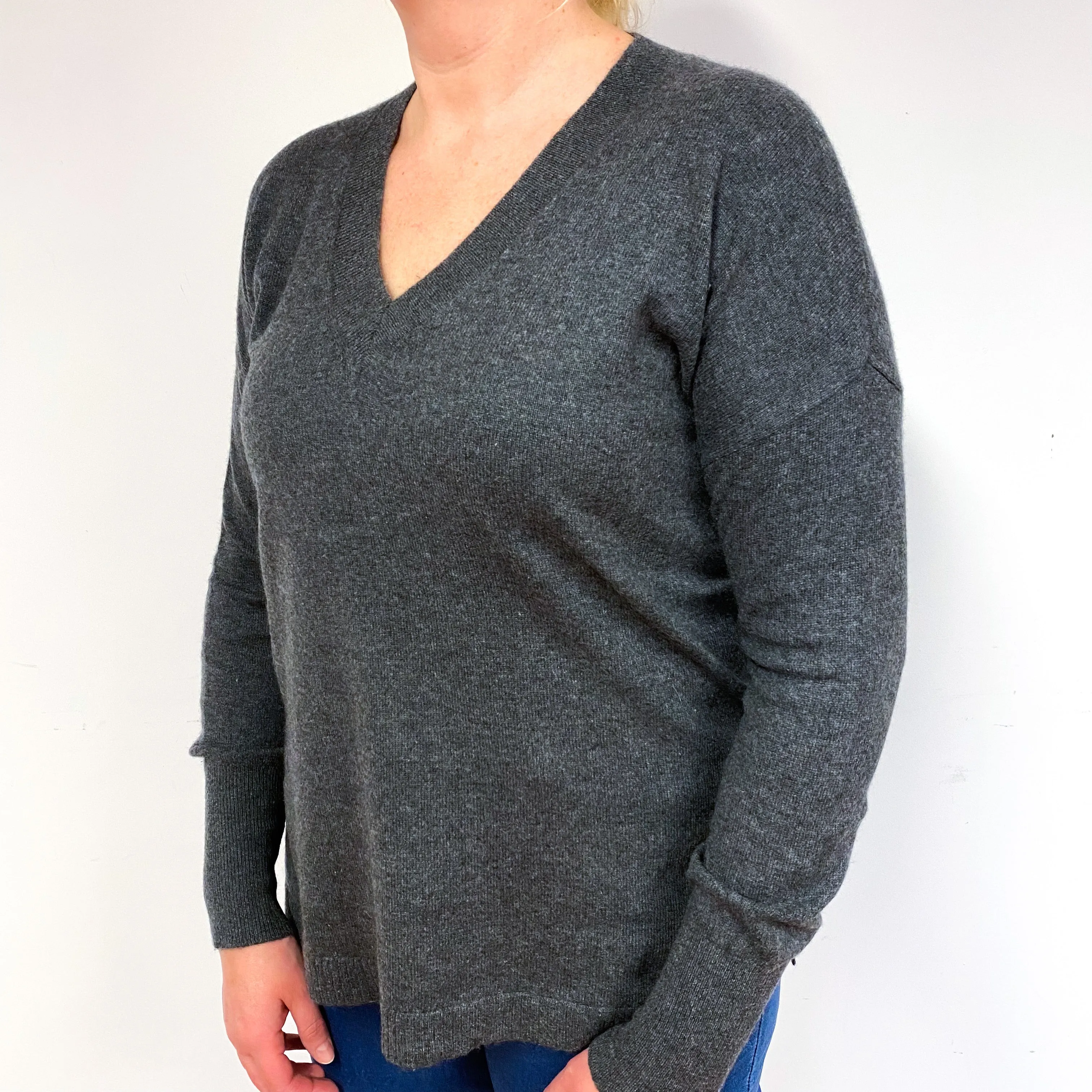 Charcoal Grey Slouchy Cashmere V-Neck Jumper Large