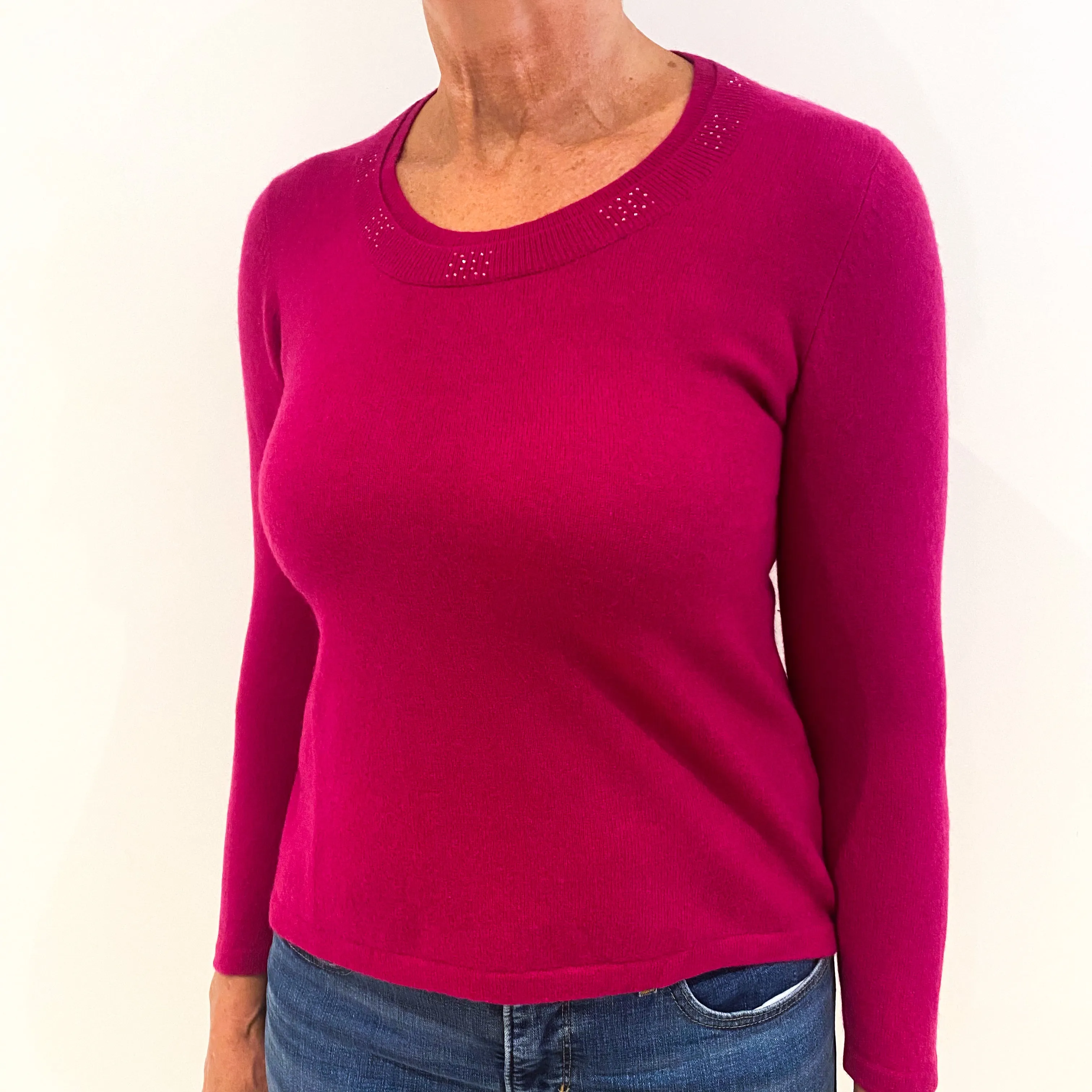 Cherry Pink Diamanté Cashmere Crew Neck Jumper Medium