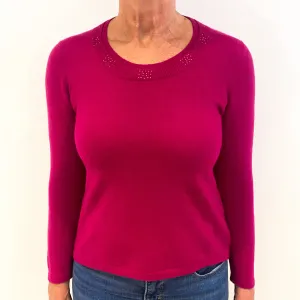 Cherry Pink Diamanté Cashmere Crew Neck Jumper Medium