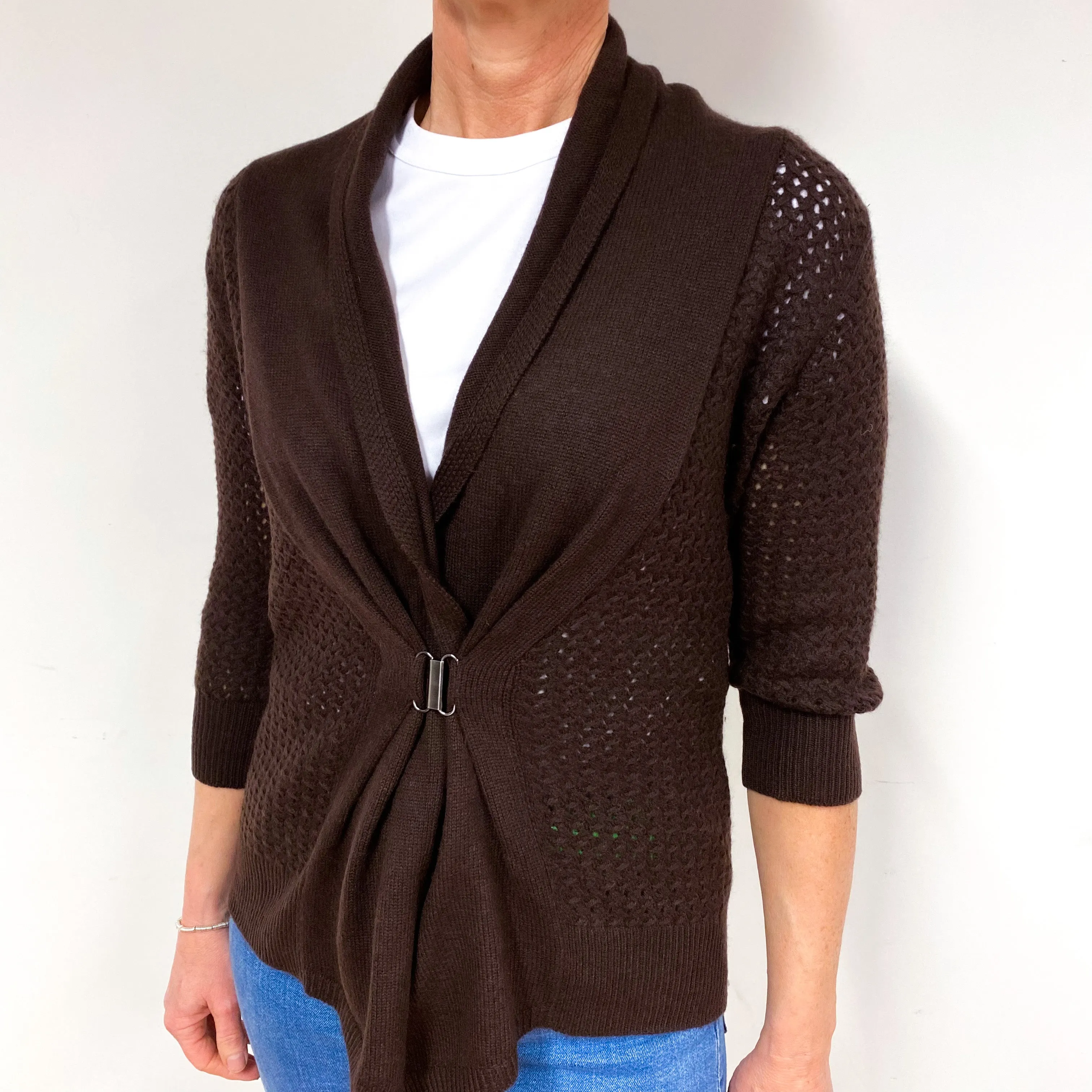 Chocolate Brown 3/4 Sleeve Cashmere V-Neck Cardigan Medium