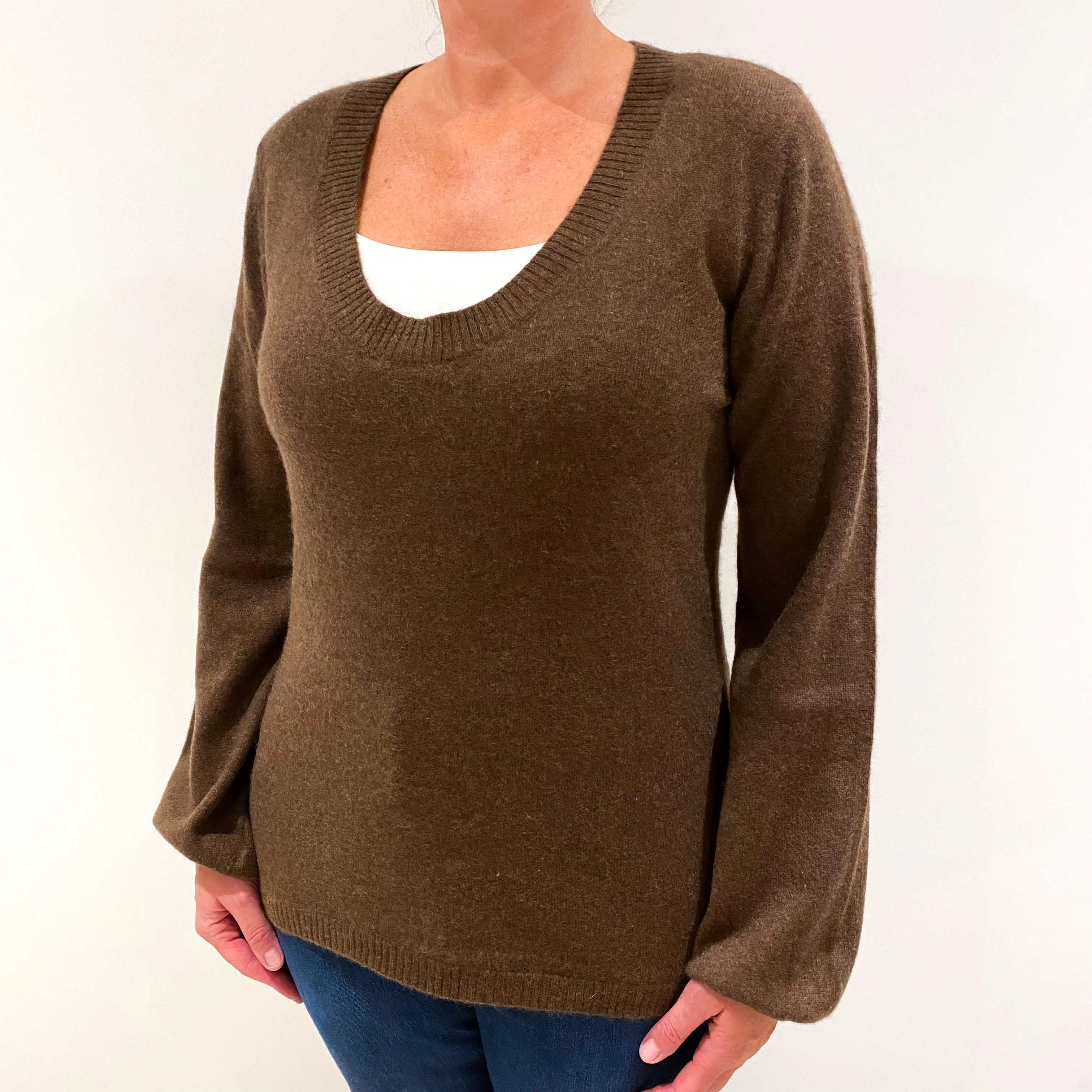 Chocolate Brown Cashmere Scoop Neck Jumper Large