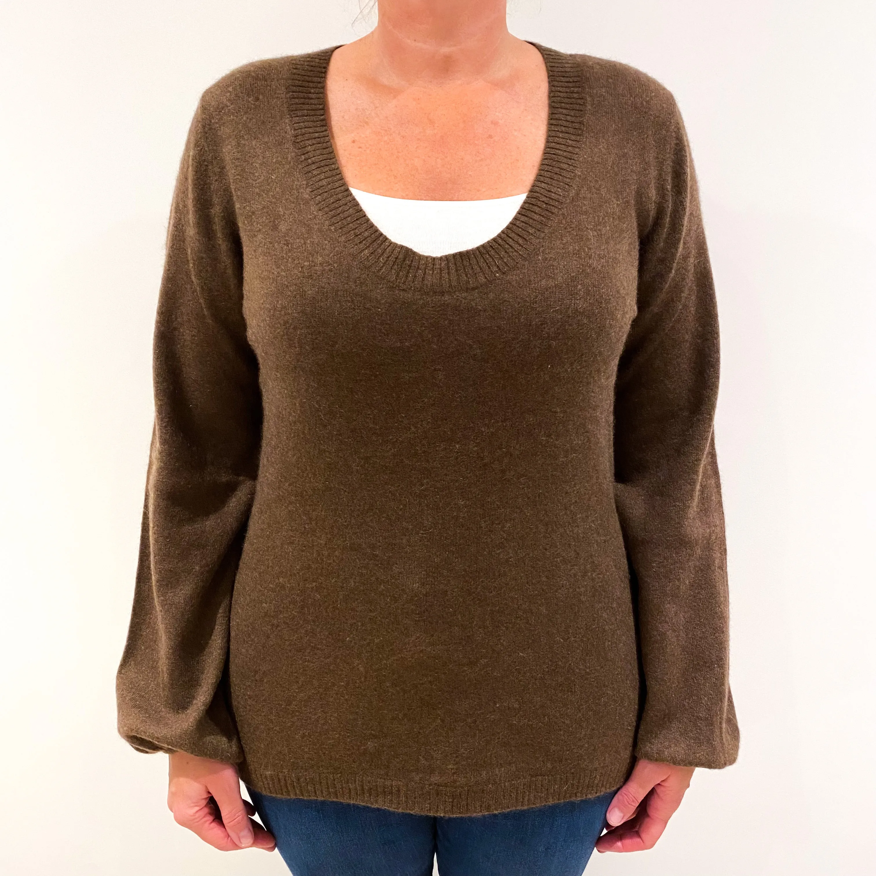 Chocolate Brown Cashmere Scoop Neck Jumper Large