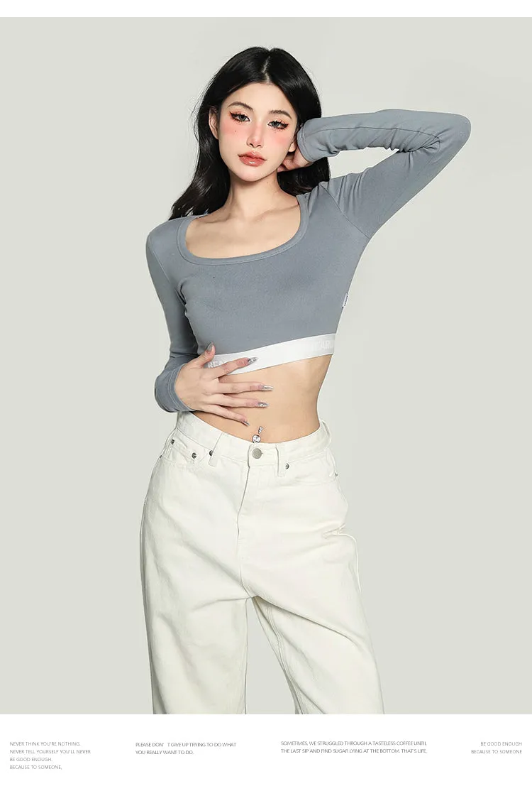 Chrissy Solid Color Square Neck Waist Band Slim Long Sleeve Cropped Top