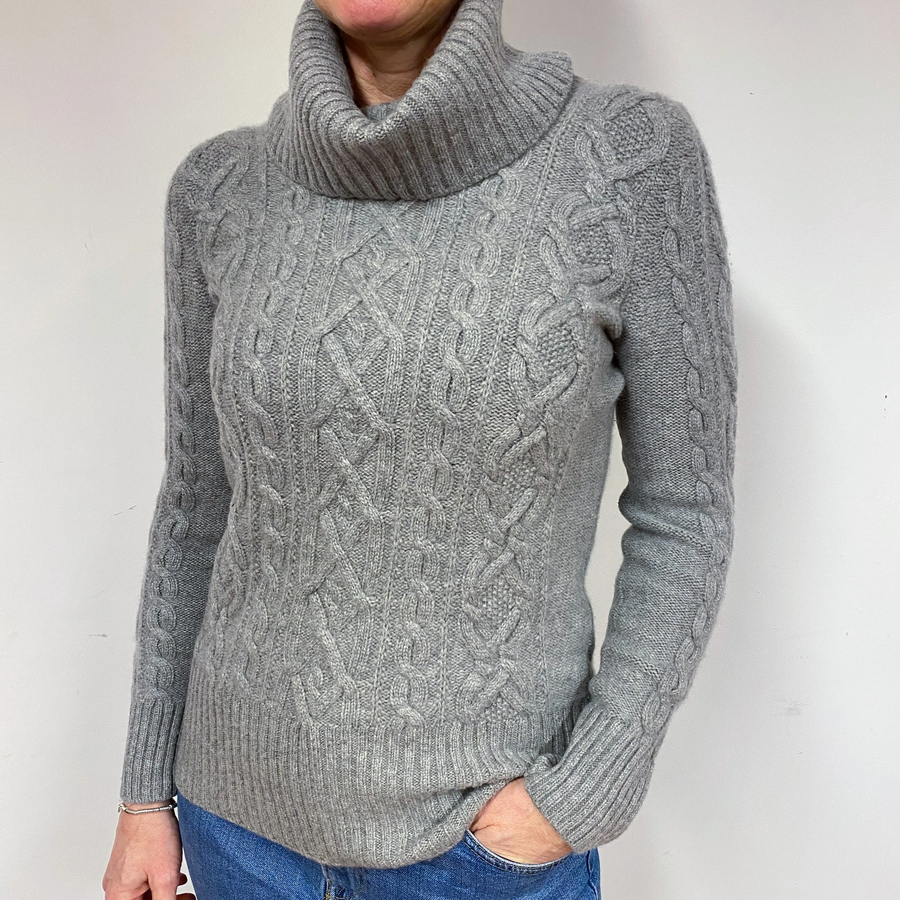 Chunky Grey Cable Cashmere Polo Neck Jumper Medium