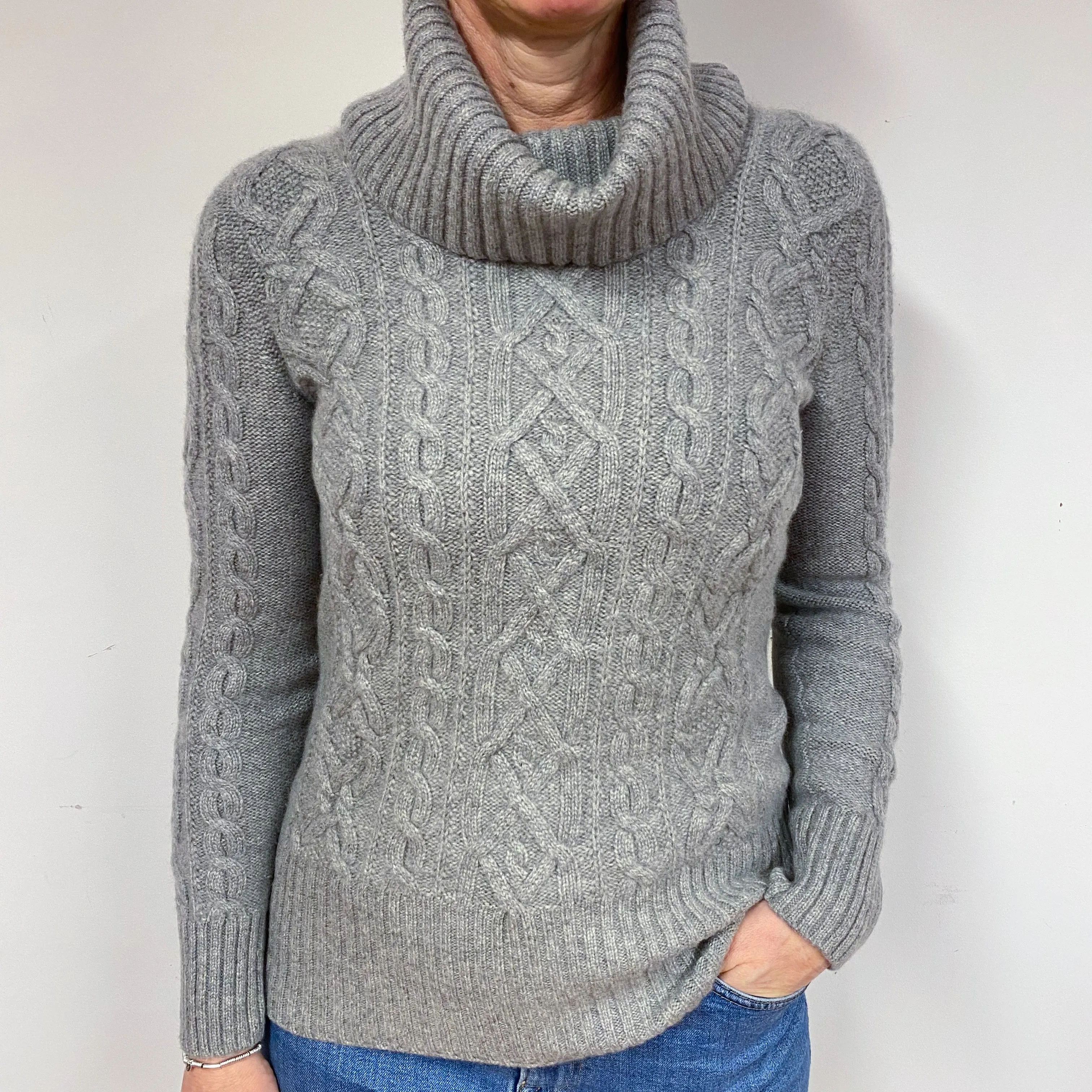 Chunky Grey Cable Cashmere Polo Neck Jumper Medium